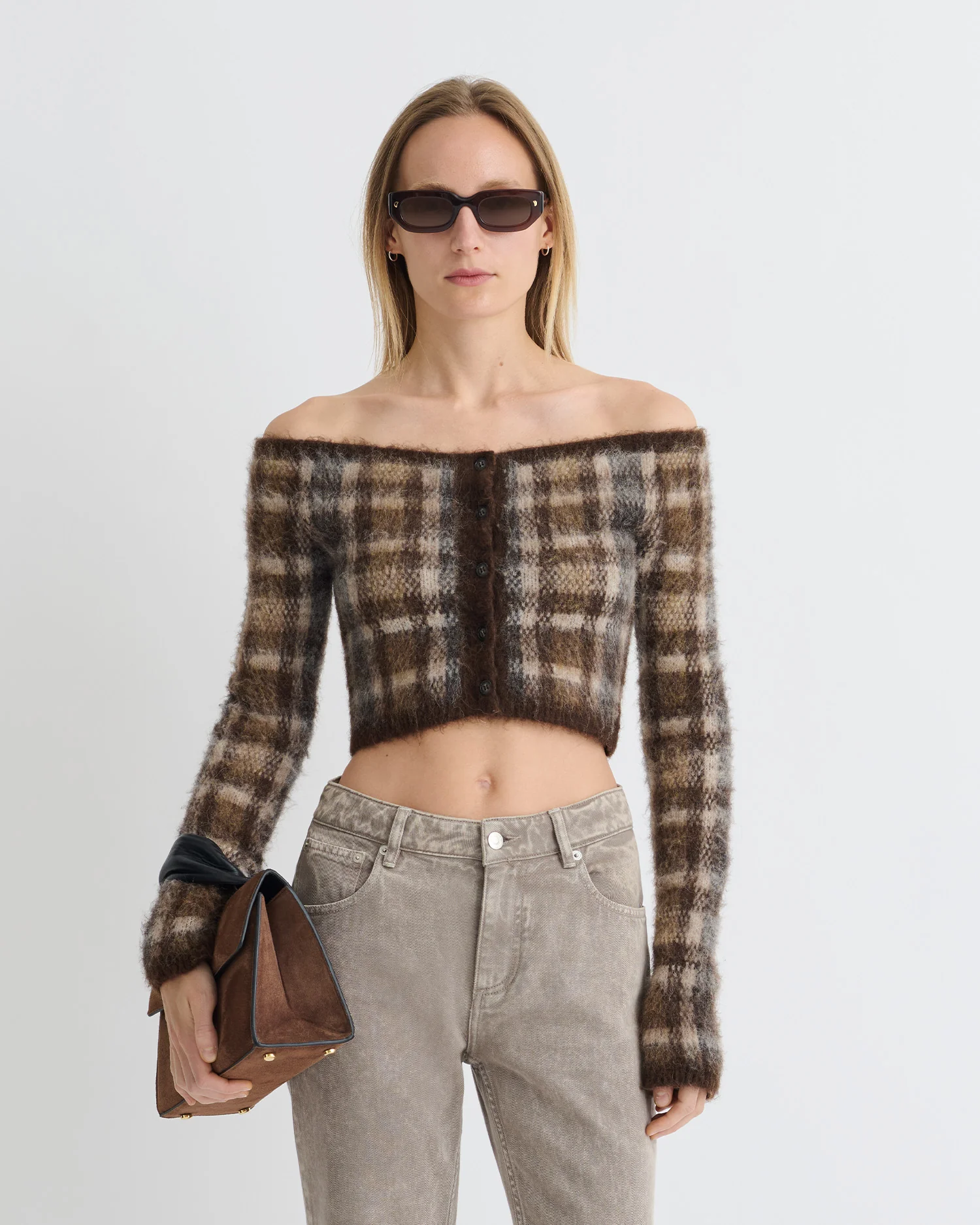 Liliah - Brushed Alpaca Cardigan - Brown/Creme Check - Image 3