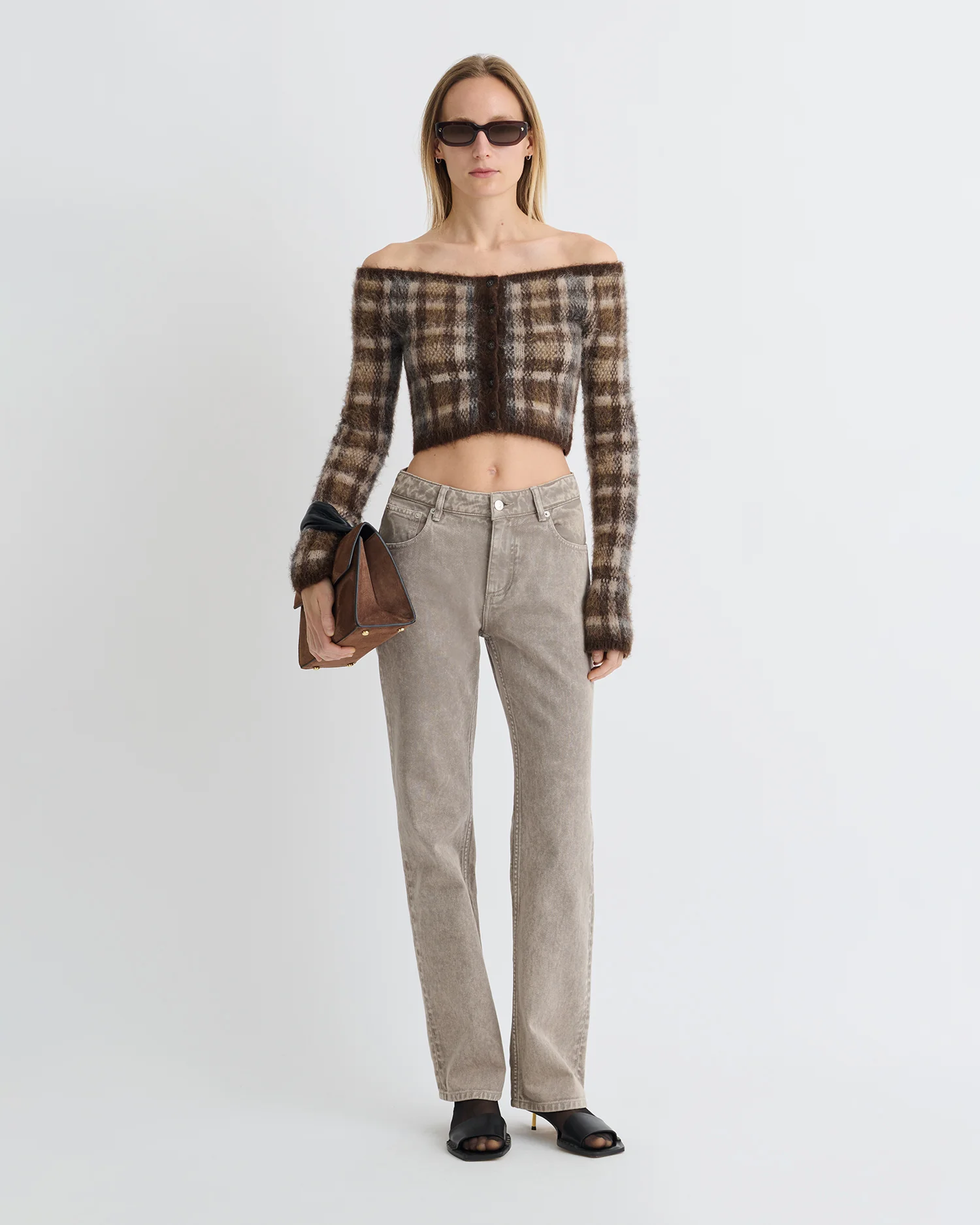 Liliah - Brushed Alpaca Cardigan - Brown/Creme Check - Image 5
