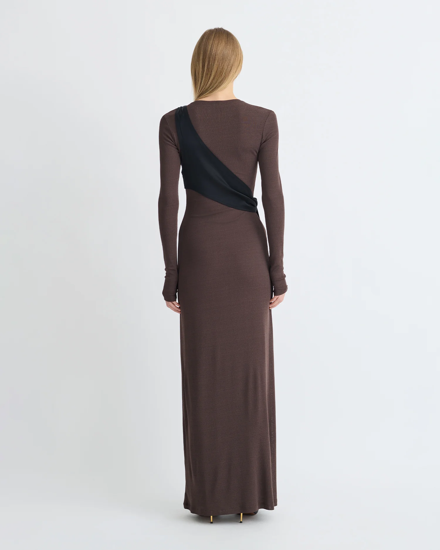 Yura - Mesh Jersey/Slip Satin Long Dress - Dark Oak/Black - Image 3