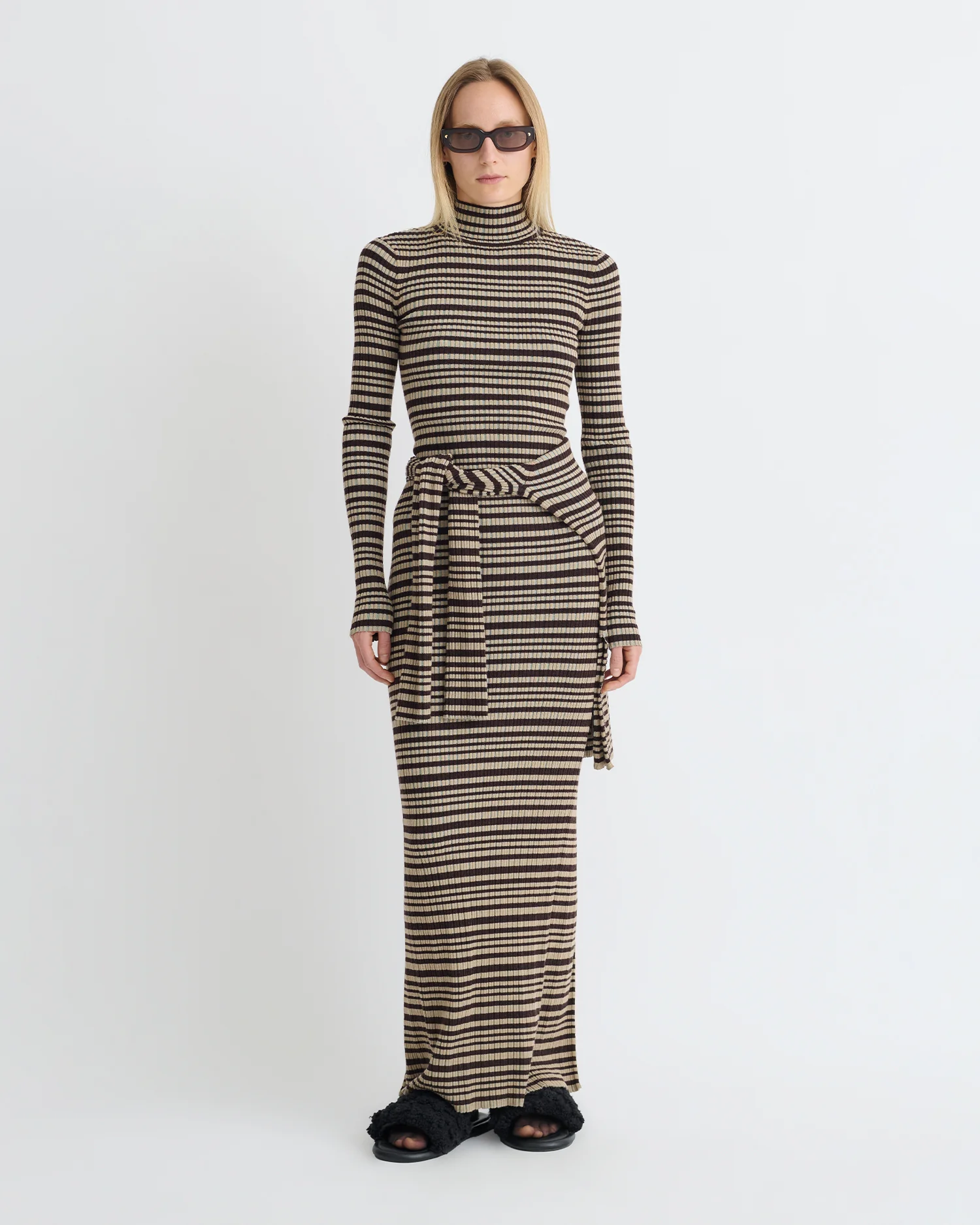 Mirell - Fine Merino Rib Long Dress - Black/Brown/Green Stripe - Image 3