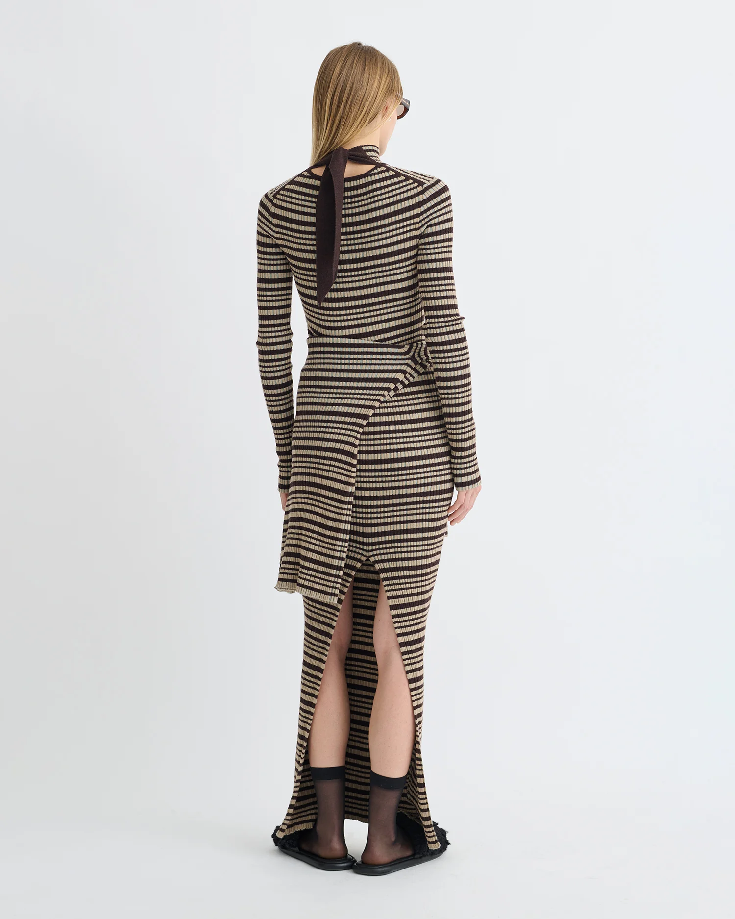Mirell - Fine Merino Rib Long Dress - Black/Brown/Green Stripe - Image 4