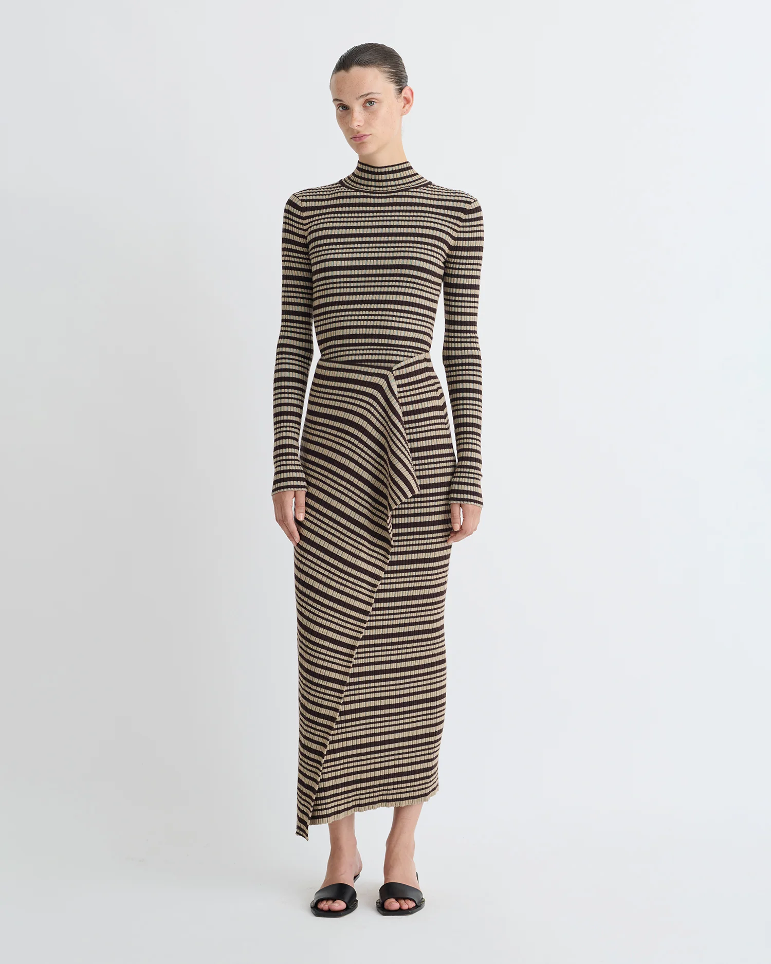 Nitsa - Fine Merino Rib Mid-Length Skirt - Black/Brown/Green Stripe - Image 3