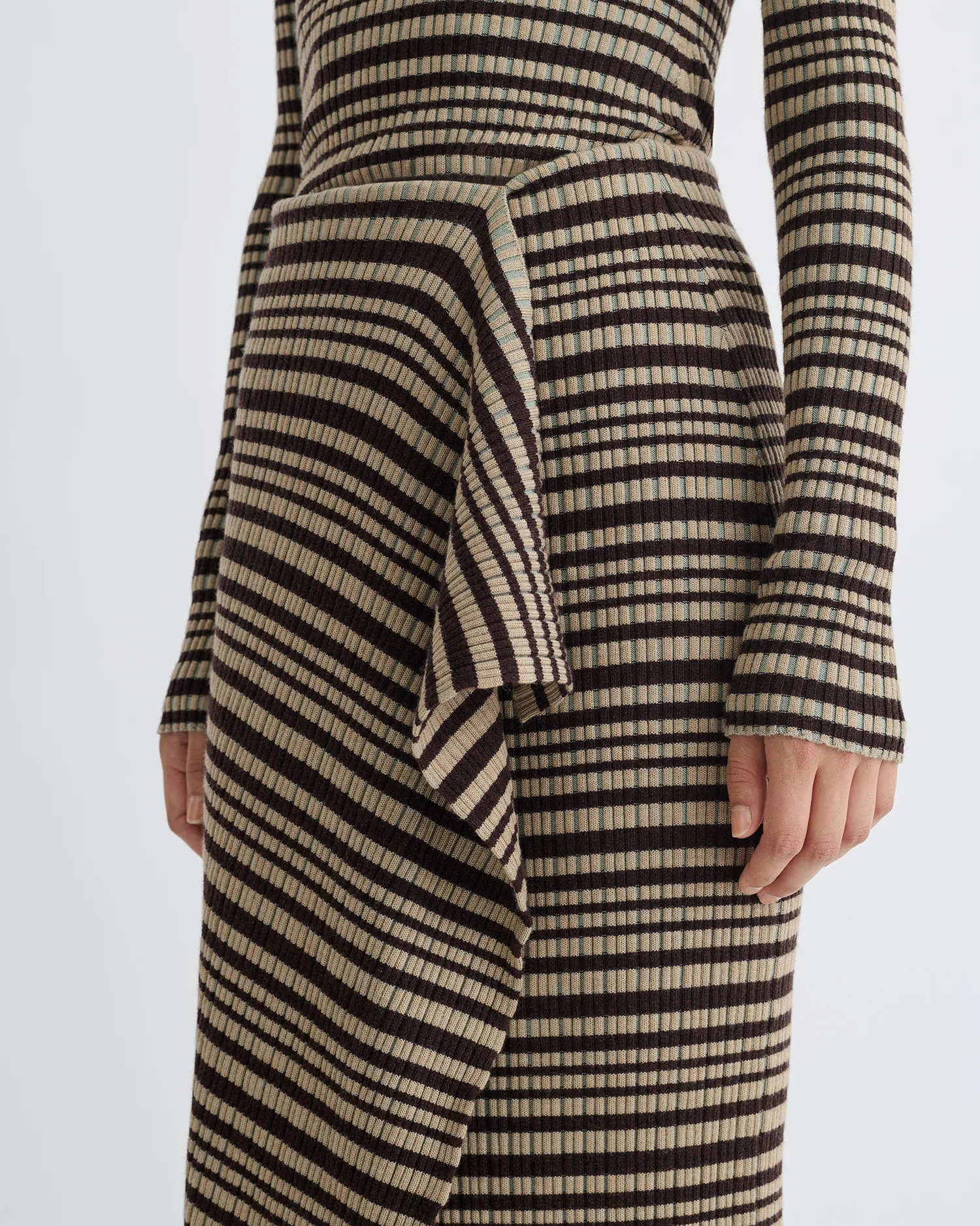 Nitsa - Fine Merino Rib Mid-Length Skirt - Black/Brown/Green Stripe - Image 5