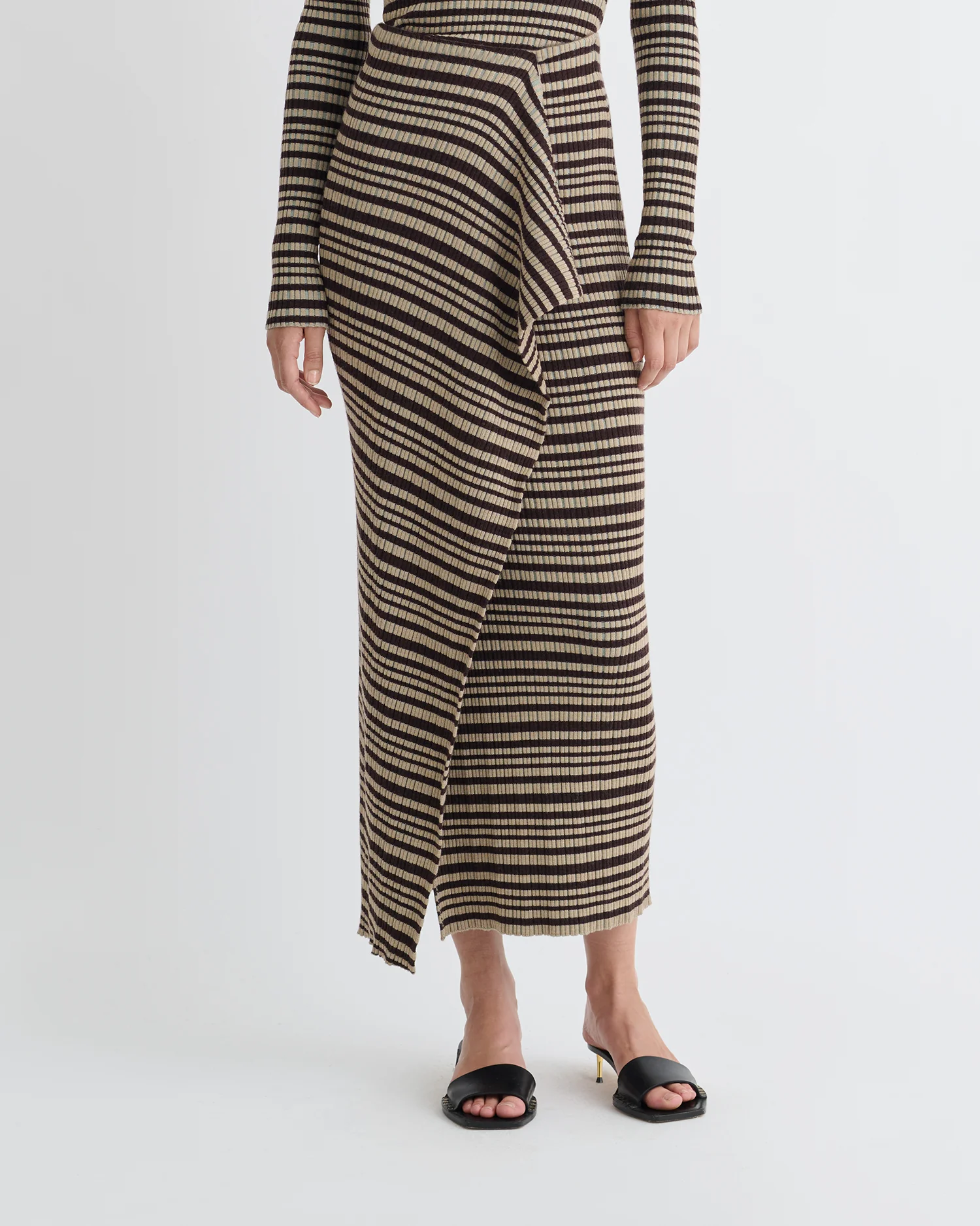 Nitsa - Fine Merino Rib Mid-Length Skirt - Black/Brown/Green Stripe - Image 6