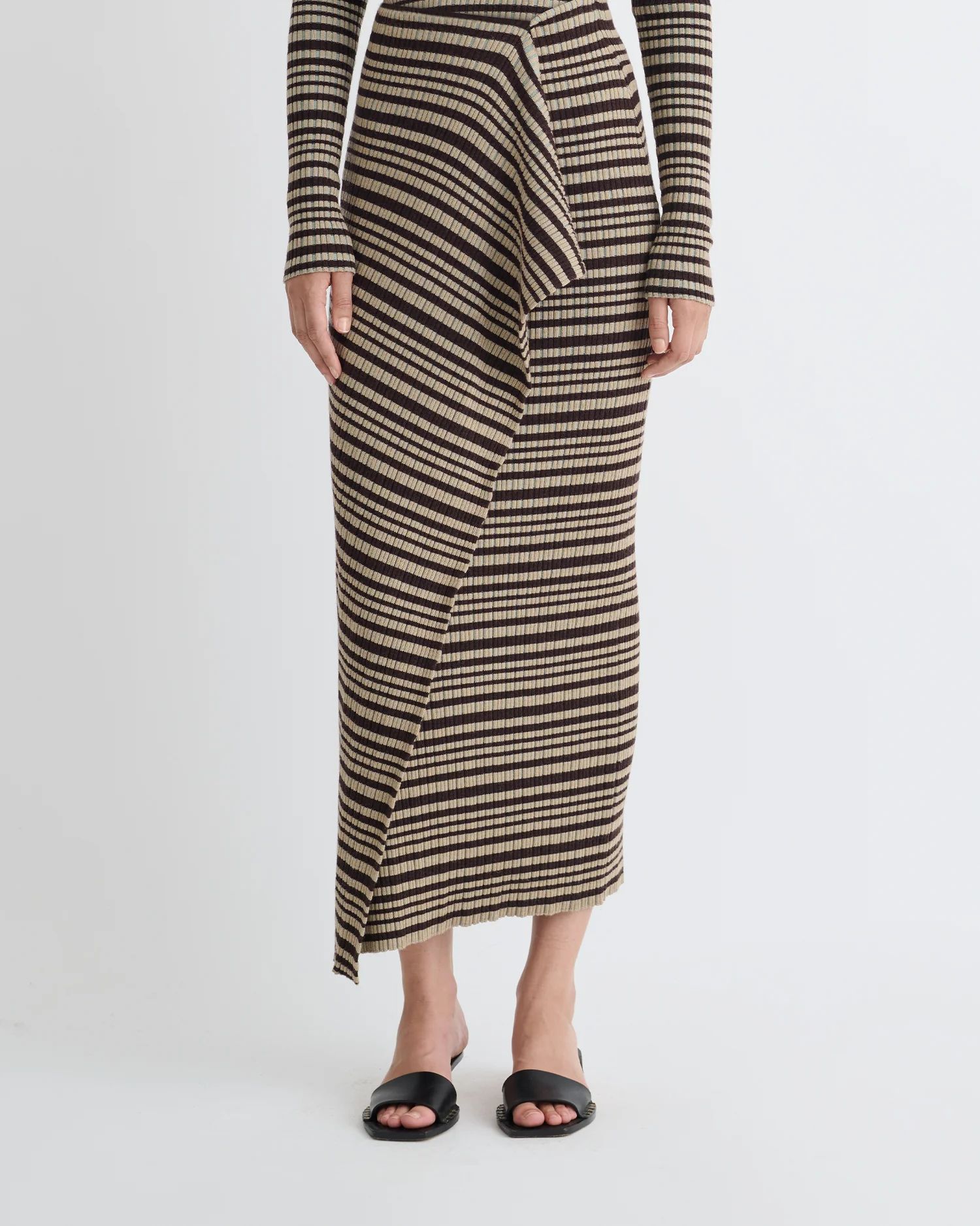Nitsa - Fine Merino Rib Mid-Length Skirt - Black/Brown/Green Stripe - Image 7