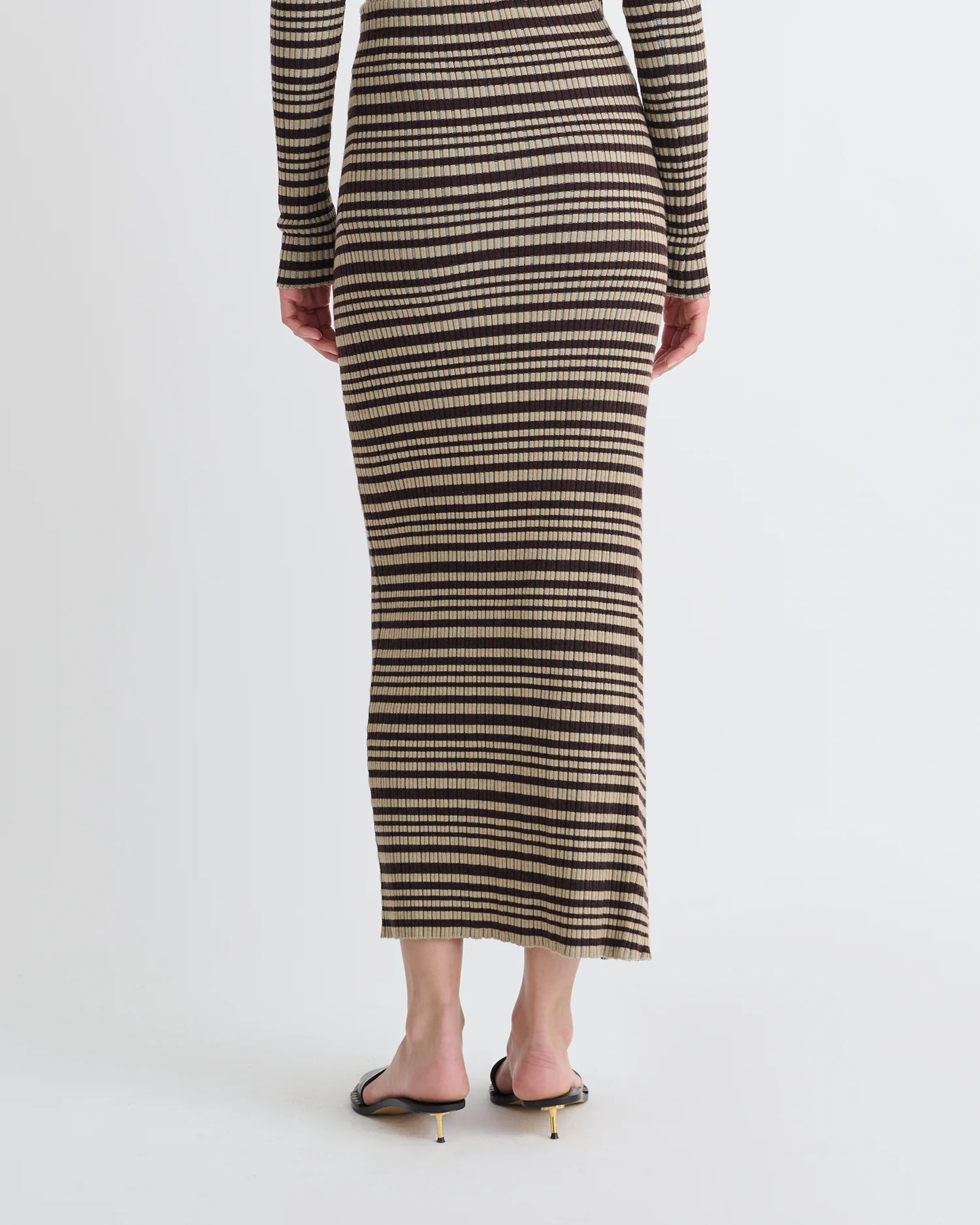 Nitsa - Fine Merino Rib Mid-Length Skirt - Black/Brown/Green Stripe - Image 8