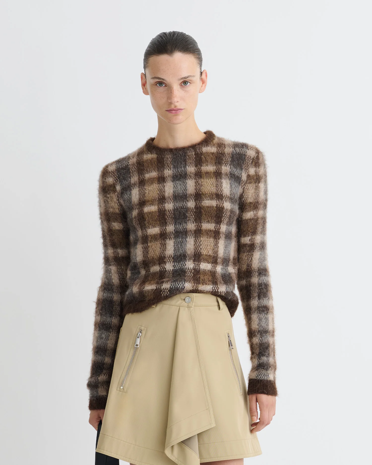 Farica - Brushed Alpaca Sweater - Brown/Creme Check - Image 2