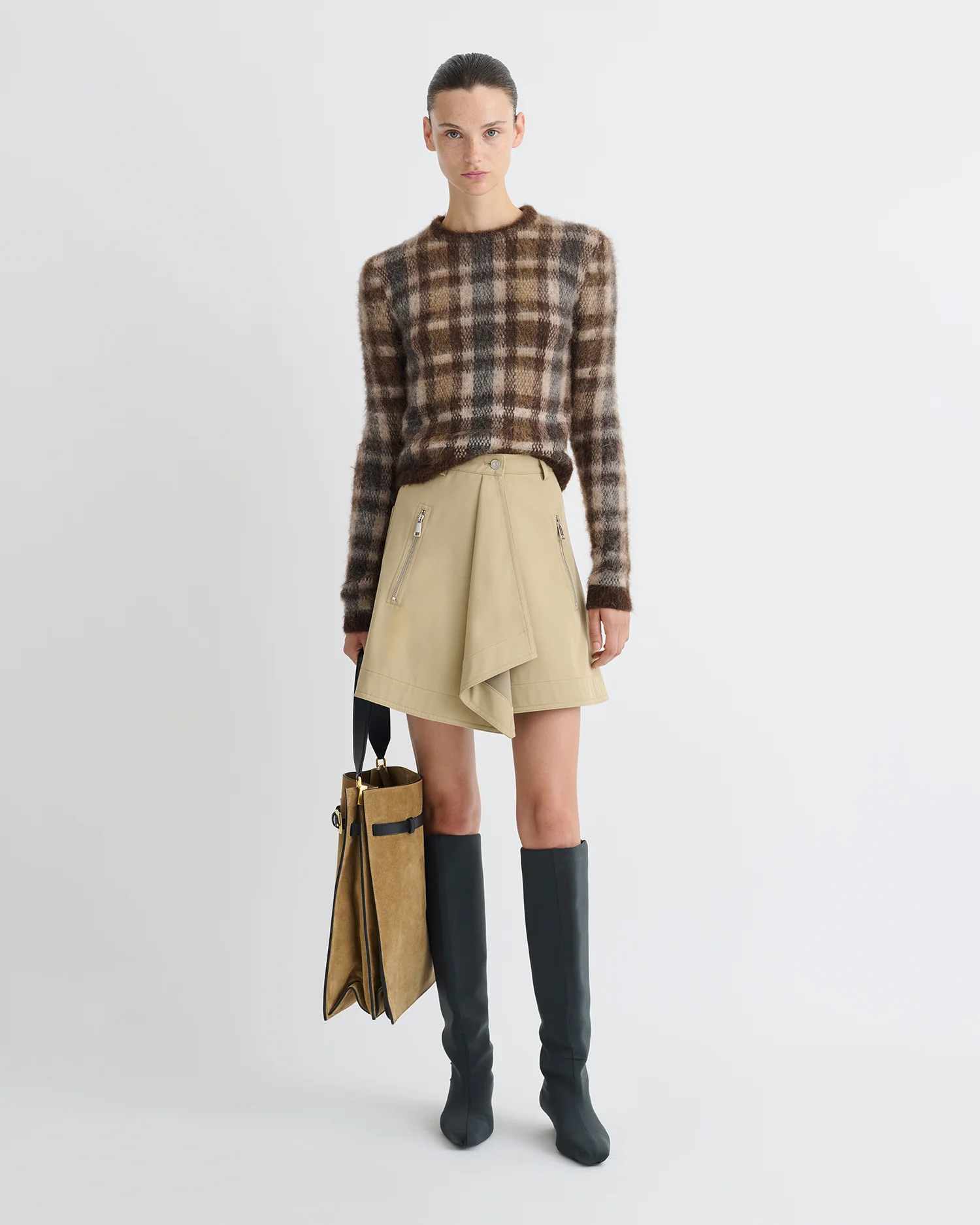 Farica - Brushed Alpaca Sweater - Brown/Creme Check - Image 3