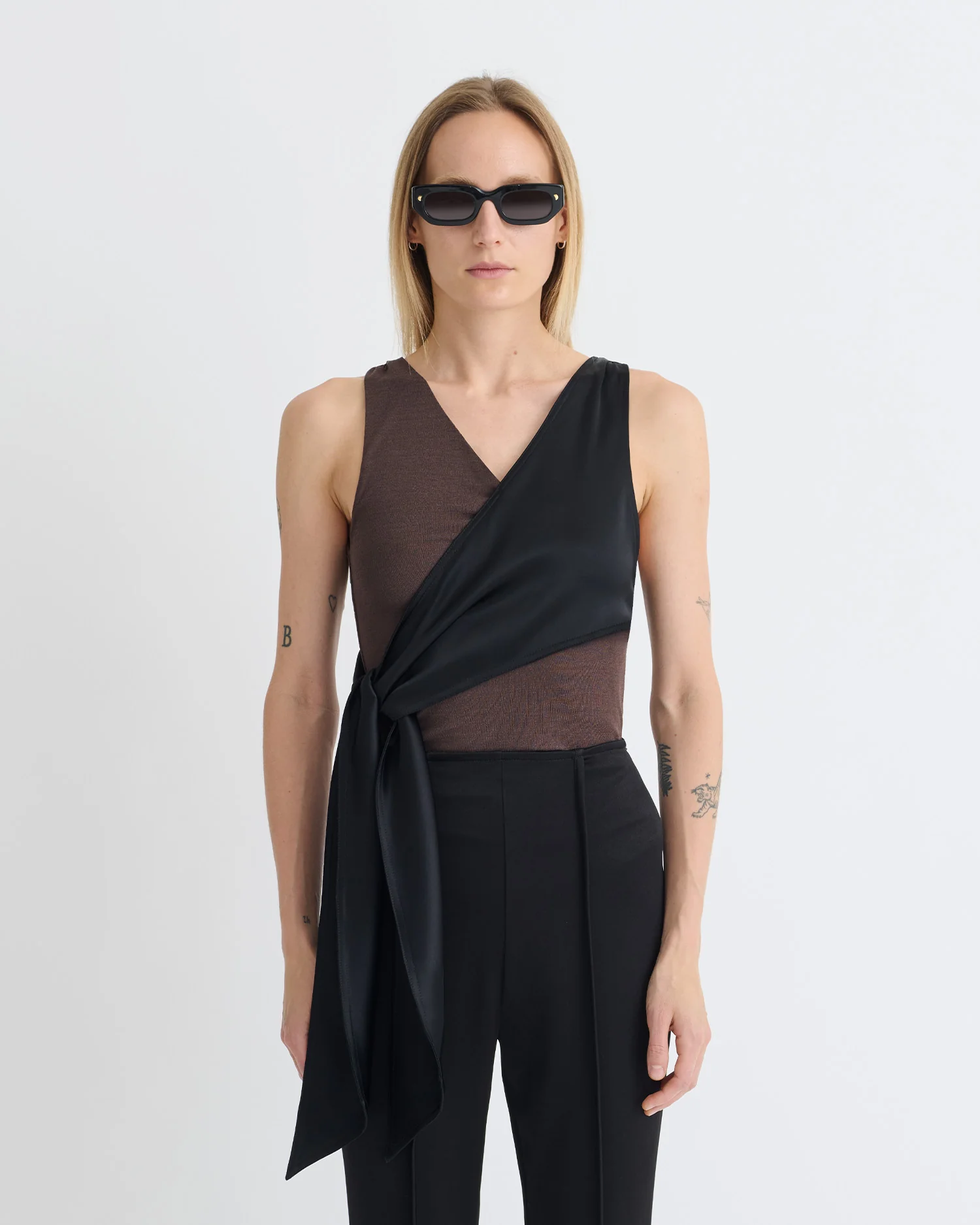 Neca - Mesh Jersey/Slip Satin Sleeveless Top - Dark Oak/Black - Image 3