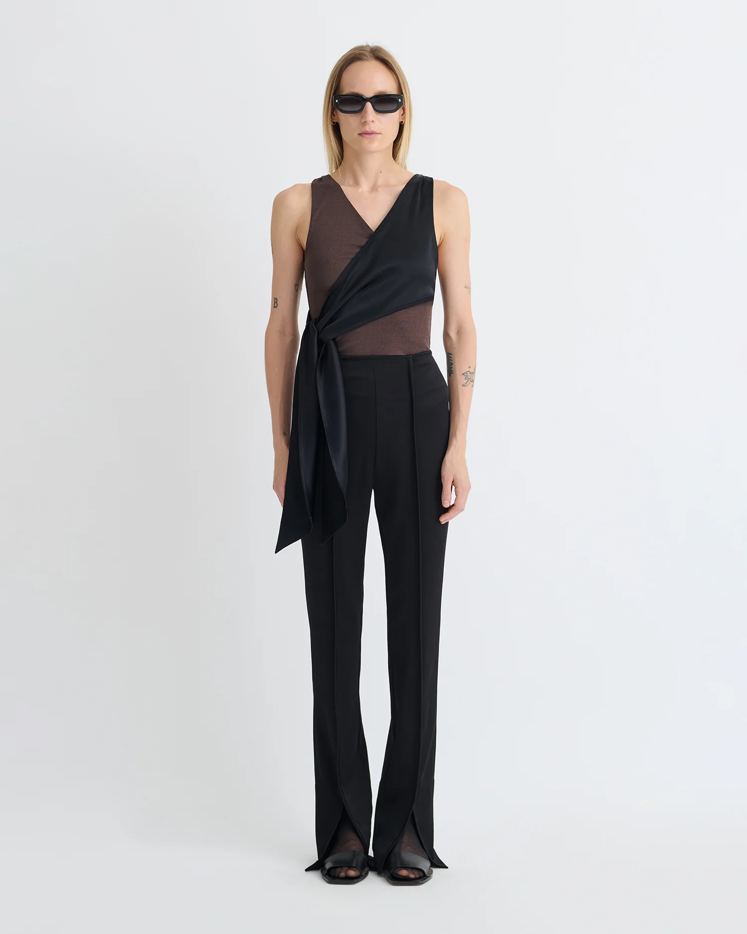Neca - Mesh Jersey/Slip Satin Sleeveless Top - Dark Oak/Black - Image 5