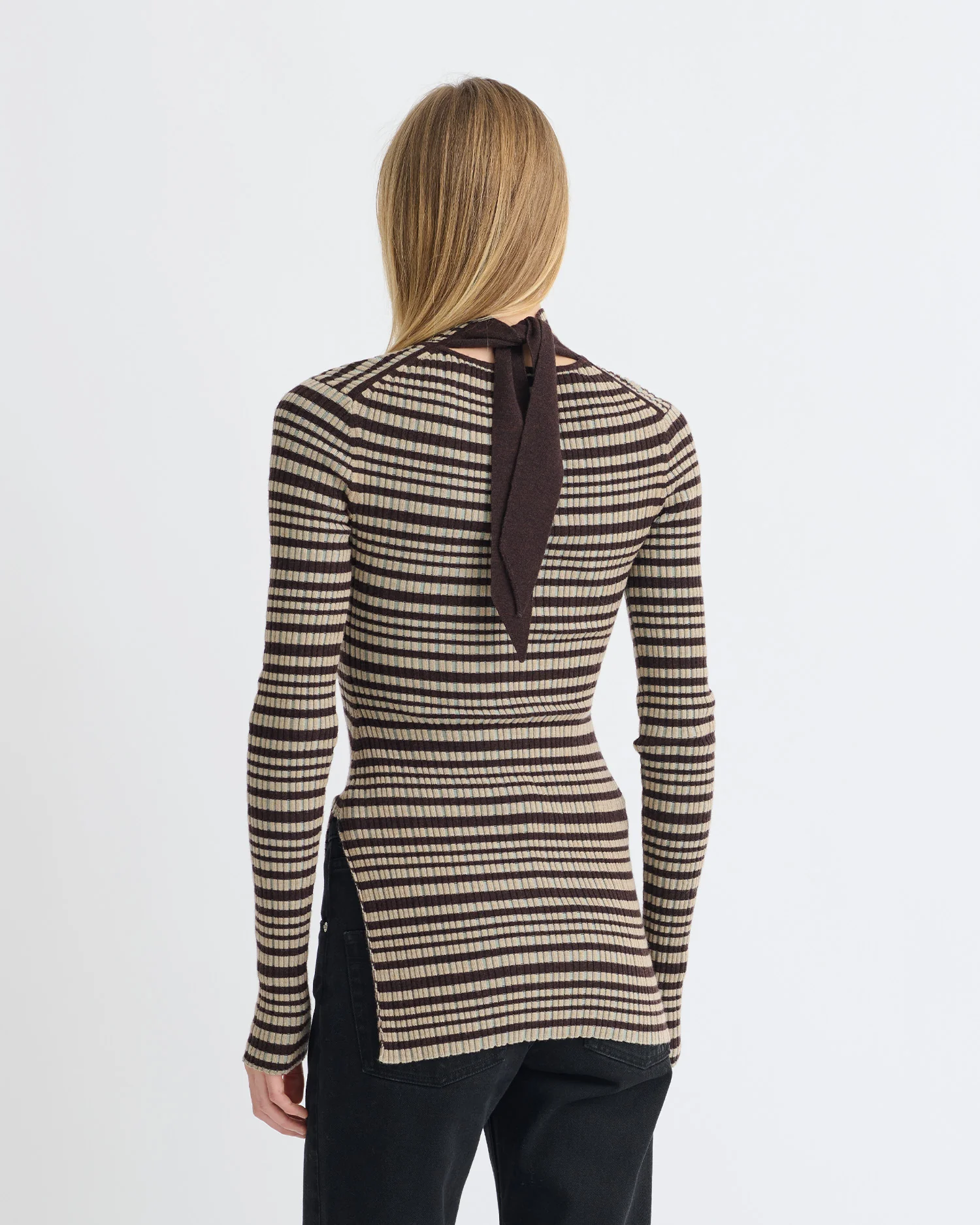 Arella - Fine Merino Rib Long Sleeved Top - Black/Brown/Green Stripe - Image 3