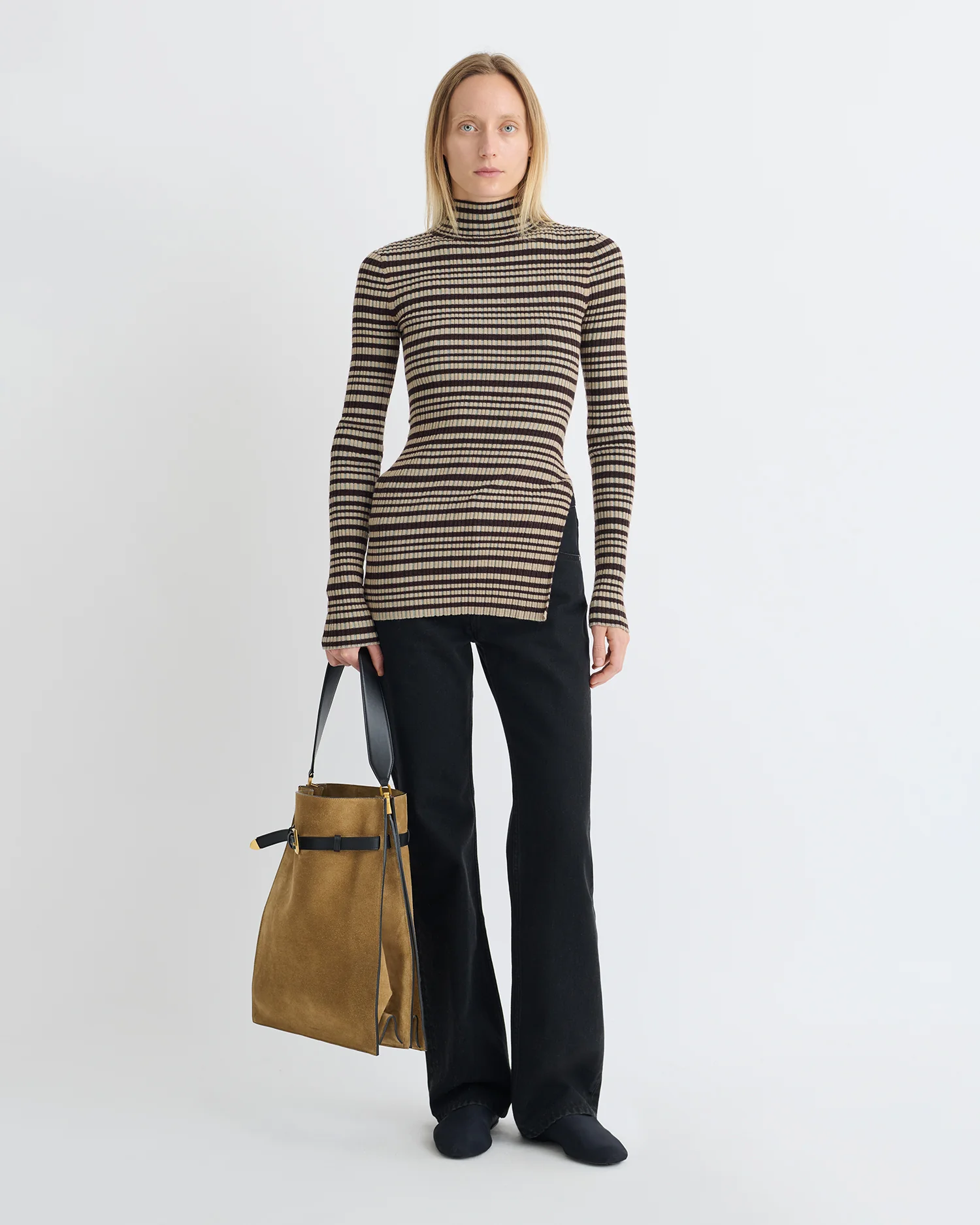 Arella - Fine Merino Rib Long Sleeved Top - Black/Brown/Green Stripe - Image 4