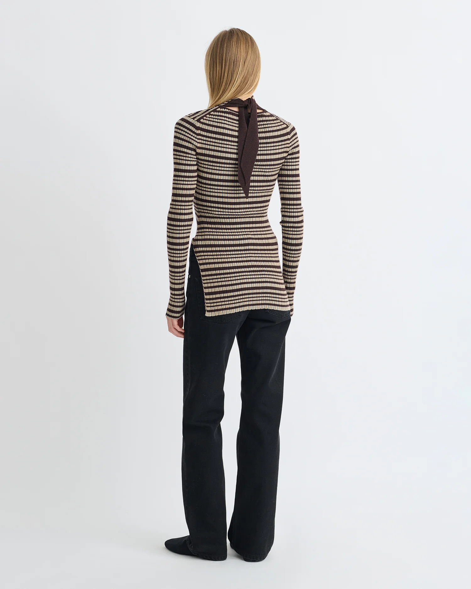 Arella - Fine Merino Rib Long Sleeved Top - Black/Brown/Green Stripe - Image 5
