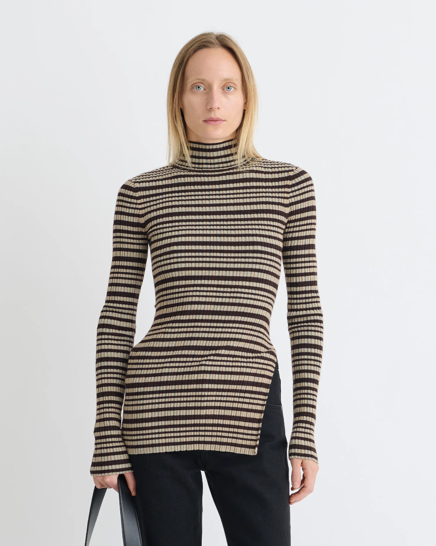 Arella - Fine Merino Rib Long Sleeved Top - Black/Brown/Green Stripe - Image 6