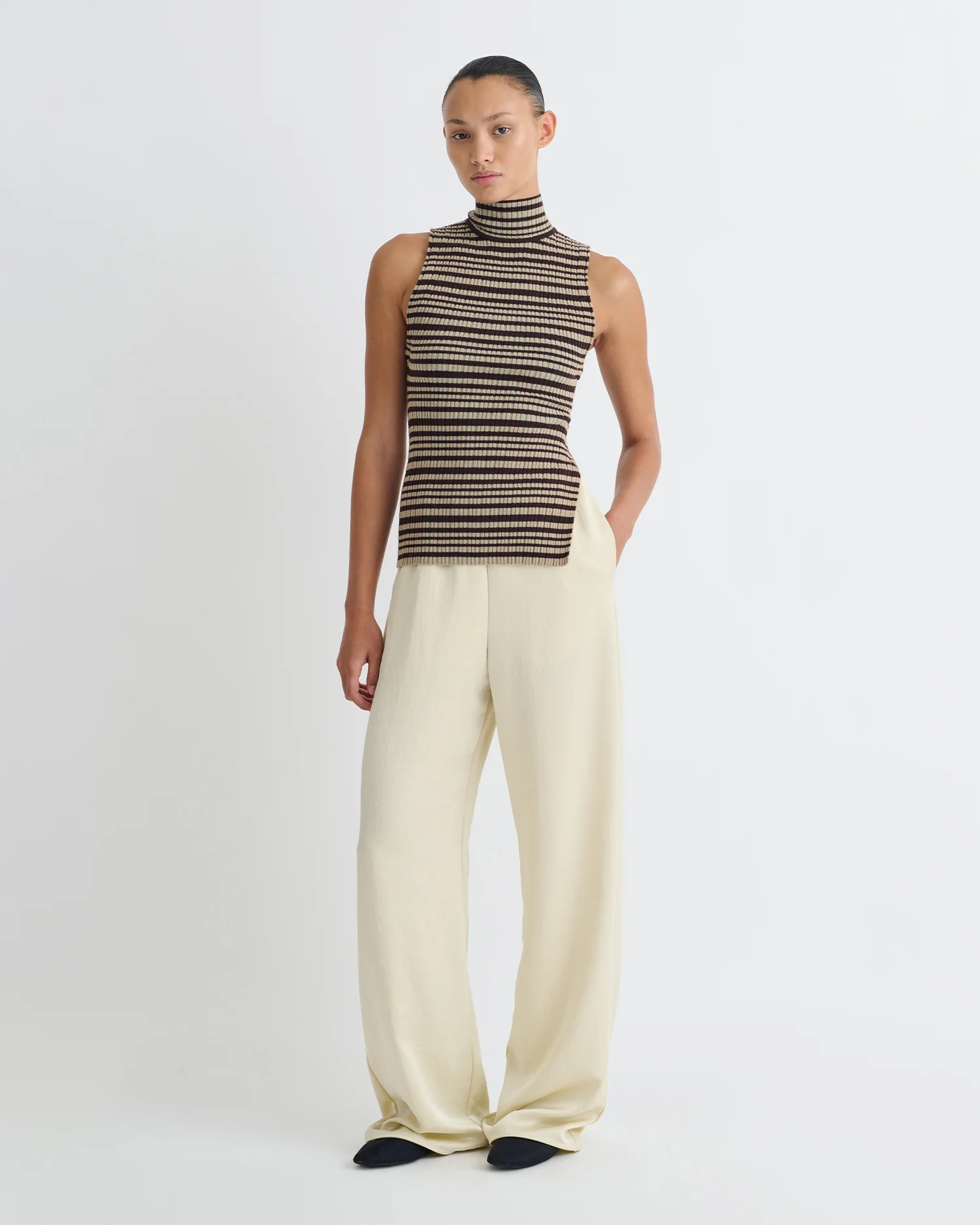 Liezel - Fine Merino Rib Sleeveless Top - Black/Brown/Green Stripe - Image 3