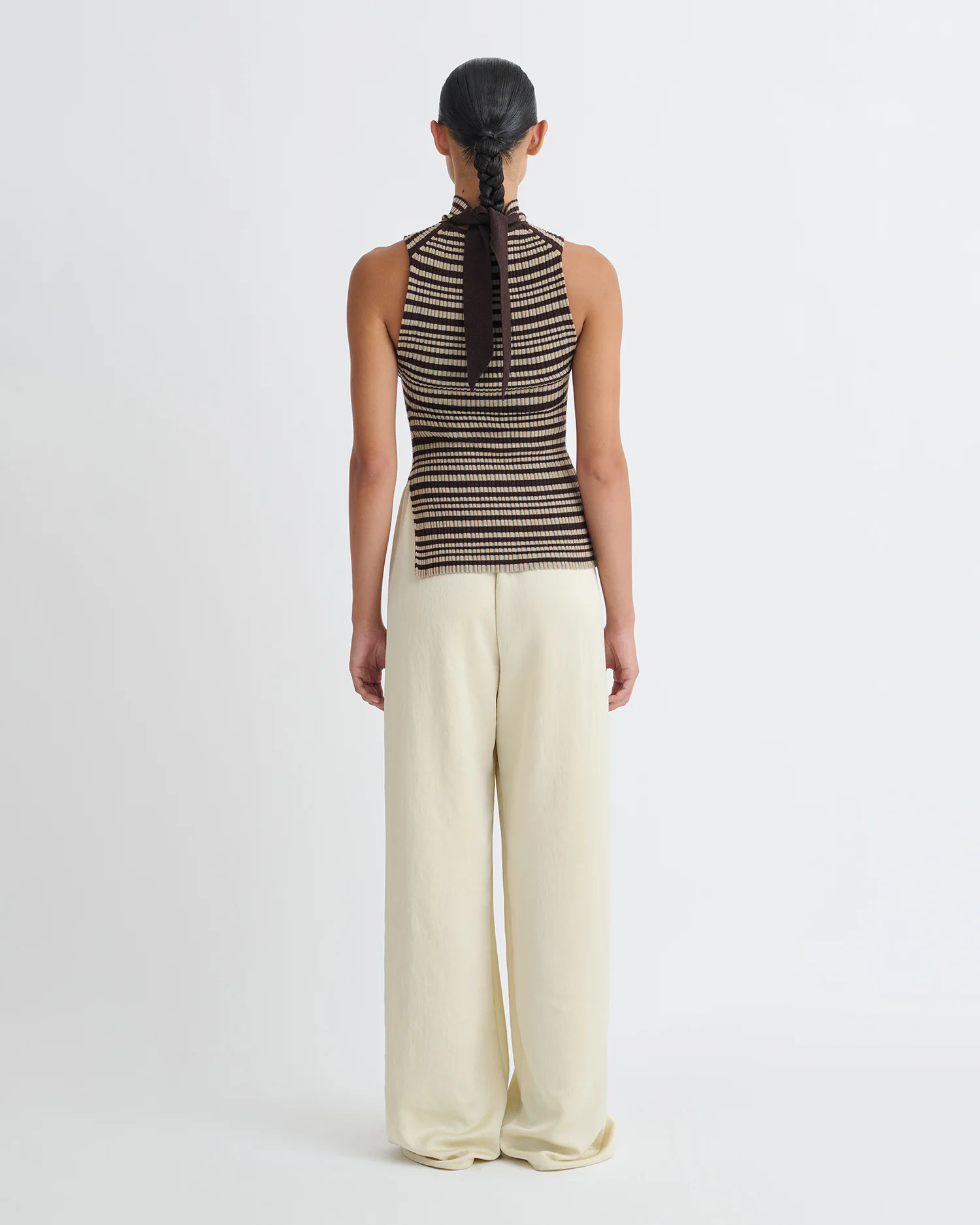 Liezel - Fine Merino Rib Sleeveless Top - Black/Brown/Green Stripe - Image 4