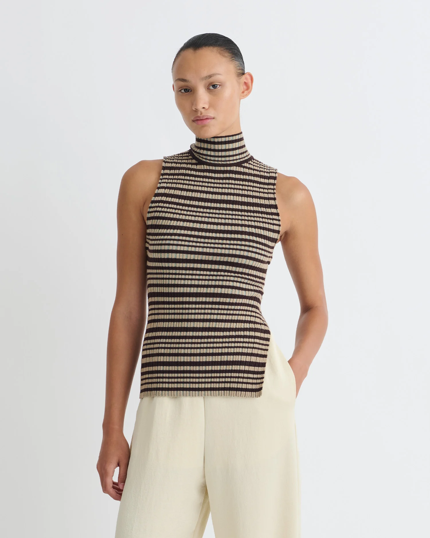 Liezel - Fine Merino Rib Sleeveless Top - Black/Brown/Green Stripe - Image 5