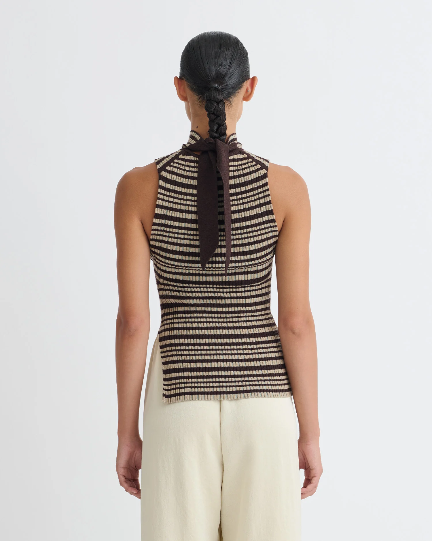 Liezel - Fine Merino Rib Sleeveless Top - Black/Brown/Green Stripe - Image 6