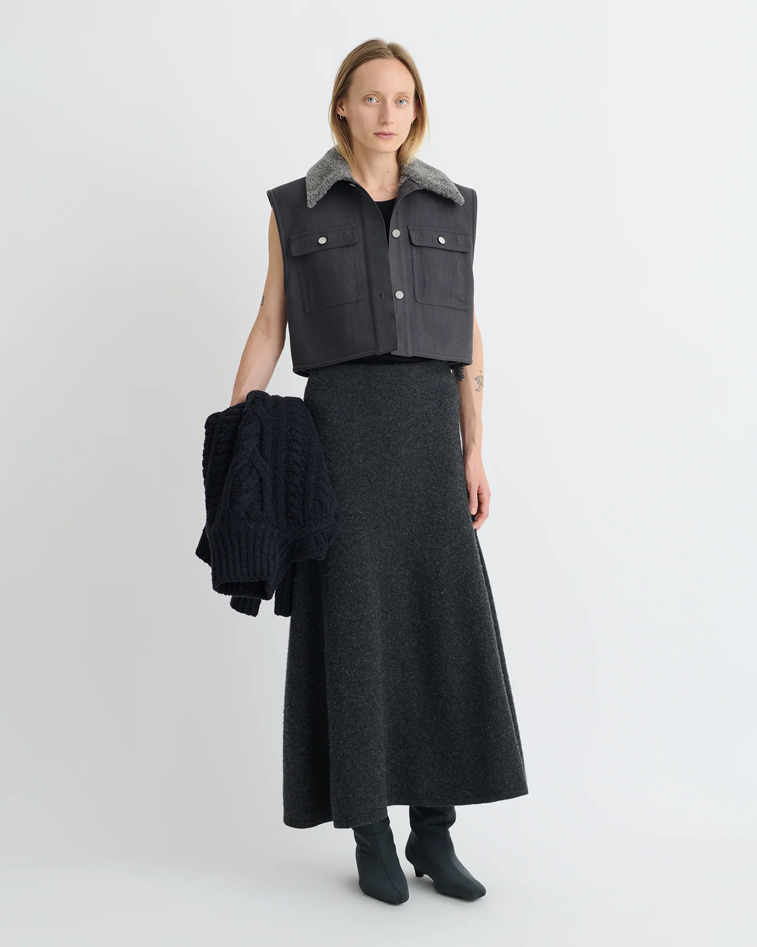 Zalina - Wax Cotton and Faux Shearling Vest - Graphite - Image 2