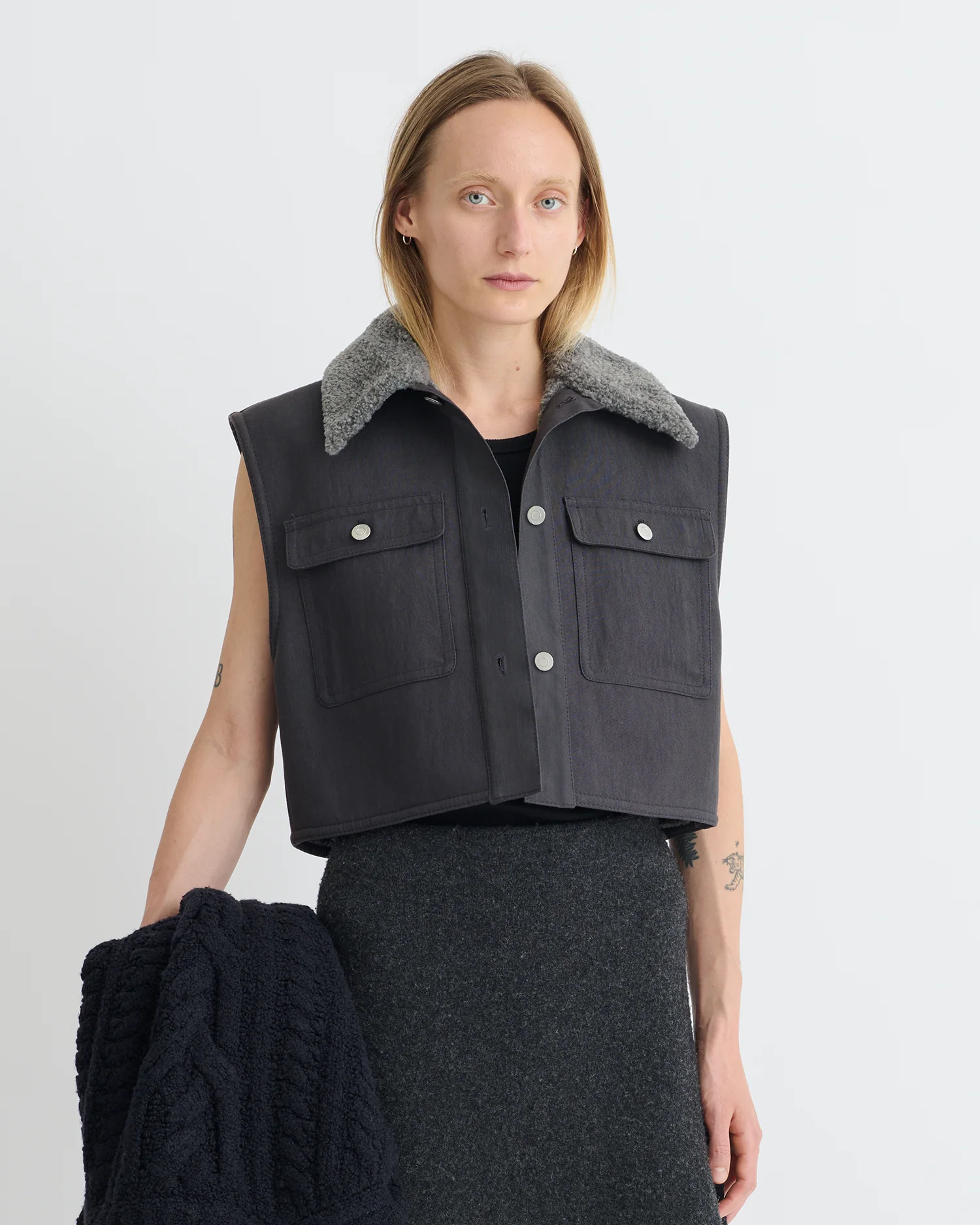 Zalina - Wax Cotton and Faux Shearling Vest - Graphite - Image 4