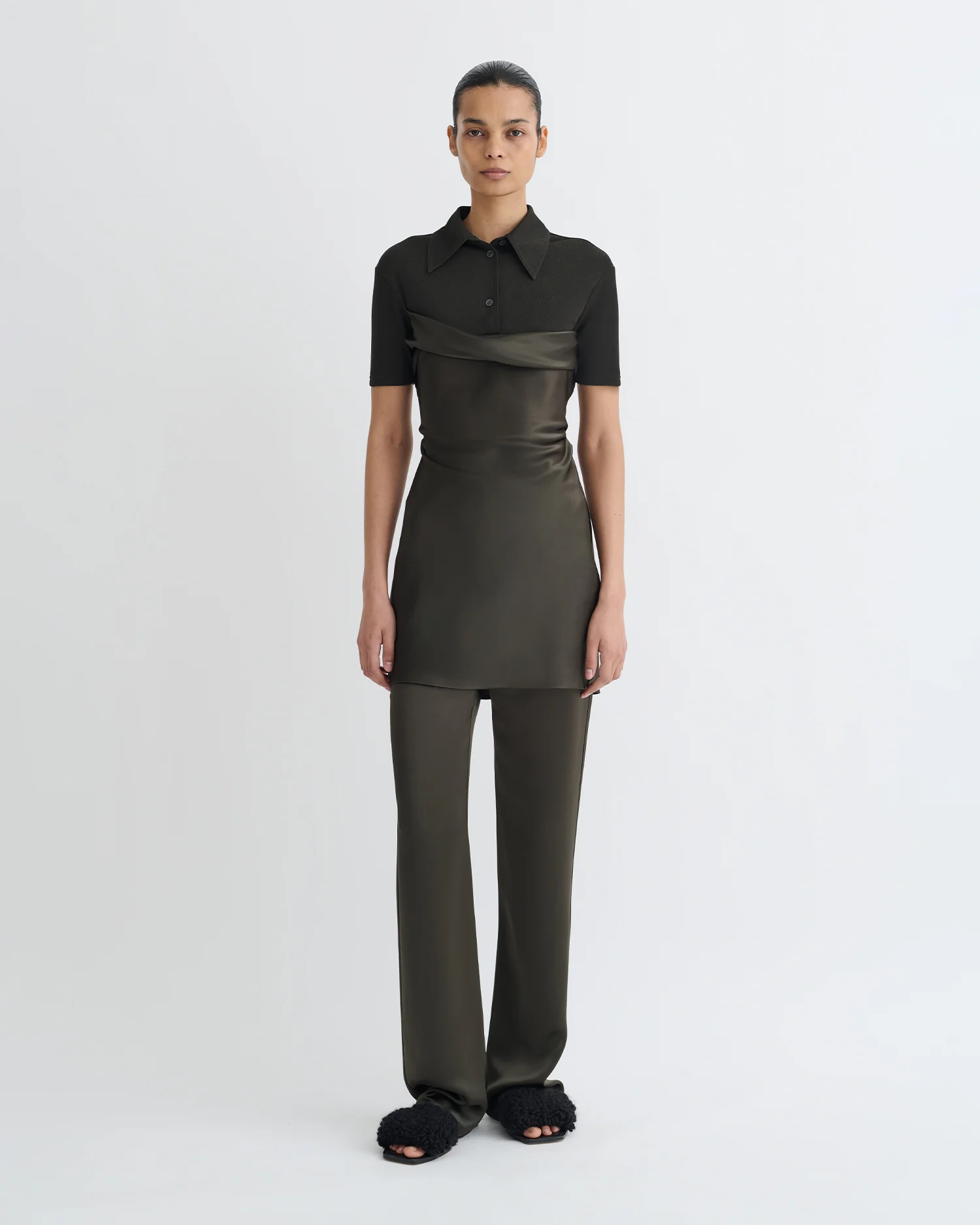 Heceta - Mesh Jersey and Slip Satin Mini Dress - Dark Green/Anthracite