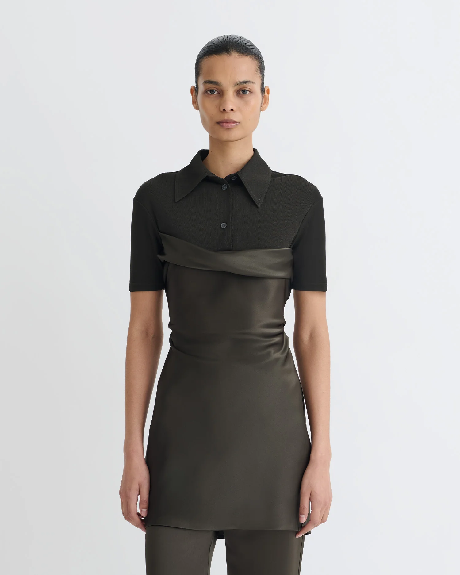 Heceta - Mesh Jersey and Slip Satin Mini Dress - Dark Green/Anthracite - Image 3