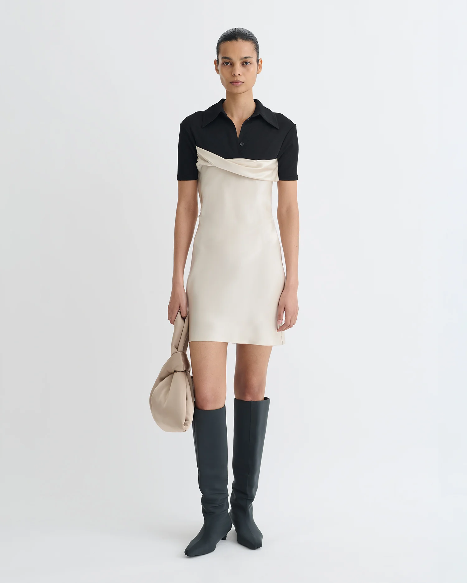 Heceta - Mesh Jersey and Slip Satin Mini Dress - Creme/Black