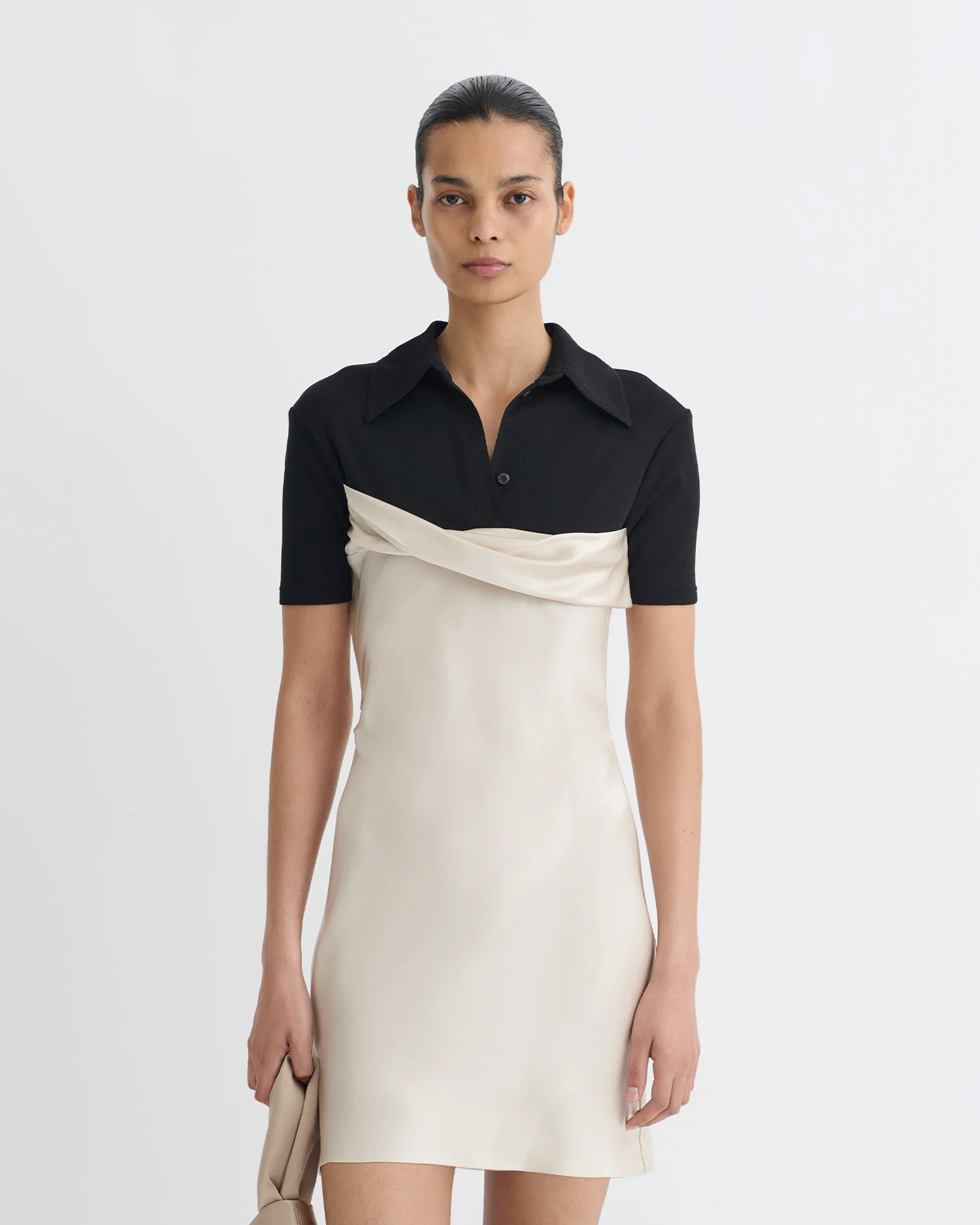 Heceta - Mesh Jersey and Slip Satin Mini Dress - Creme/Black - Image 2