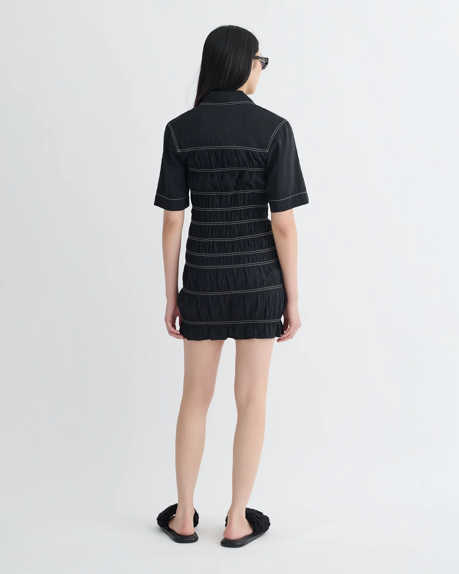 Nomia - Smocked Glass Poplin Mini Dress - Black - Image 2
