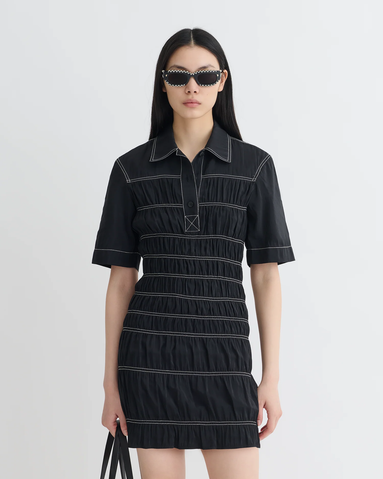 Nomia - Smocked Glass Poplin Mini Dress - Black - Image 3