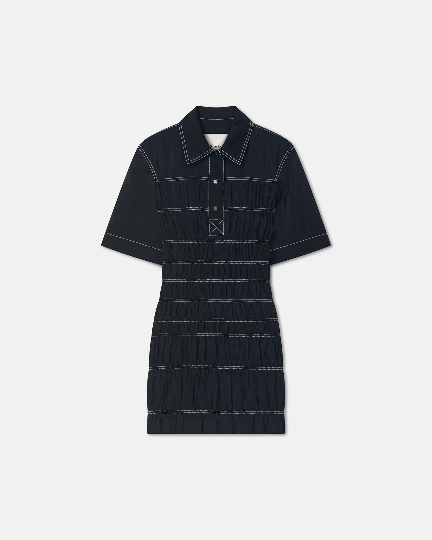 Nomia - Smocked Glass Poplin Mini Dress - Black - Image 4