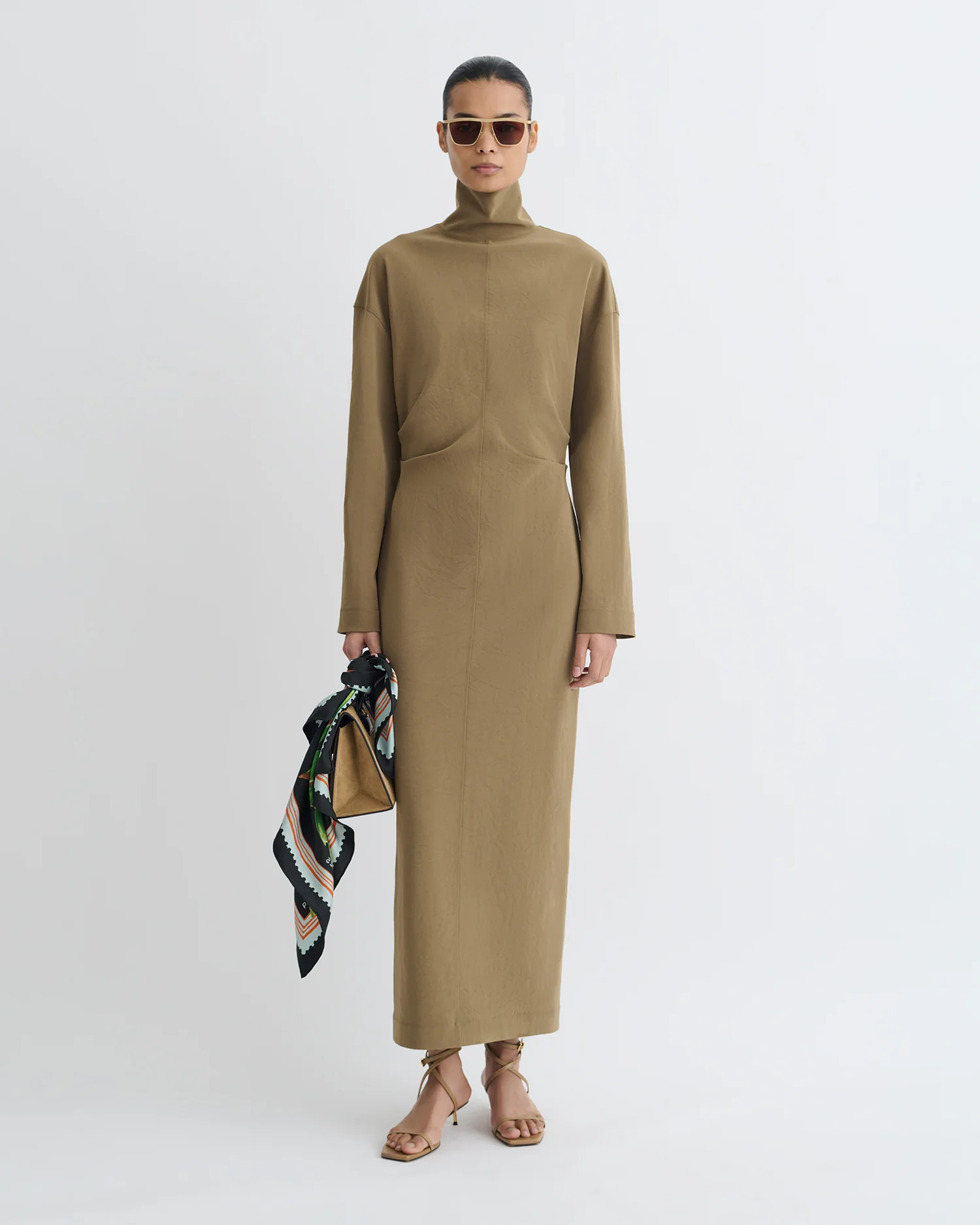 Jasmon - Draped Paper Jersey Turtleneck Dress - Brown