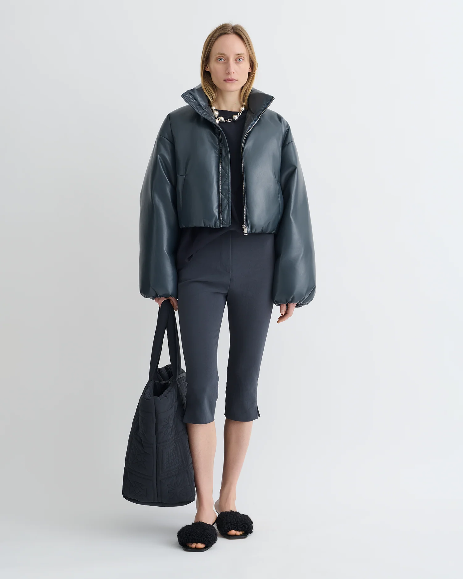 Lilima - Cropped Okobor™ Alt-Leather Puffer Jacket - Steel Blue - Image 4