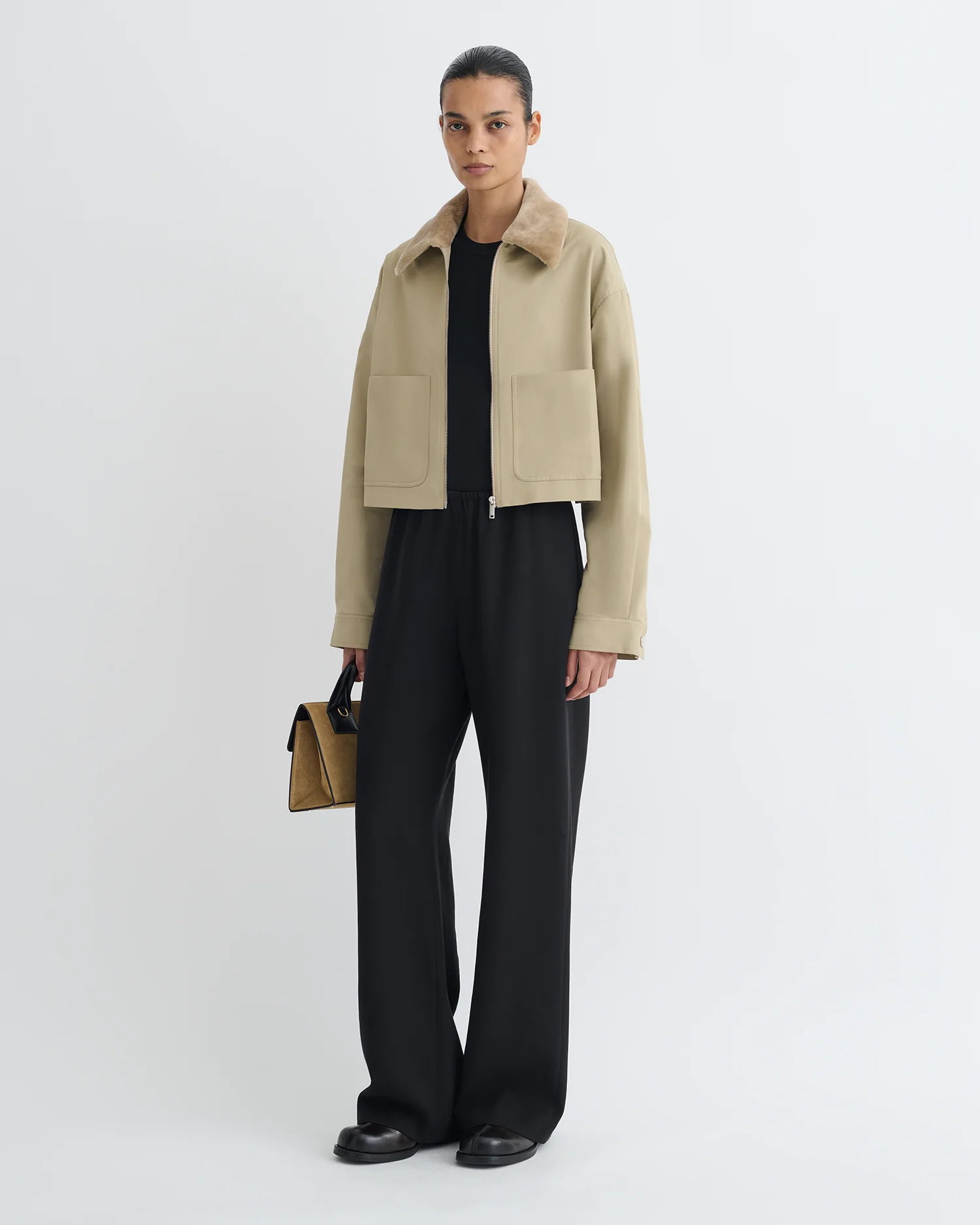 Phebe - Cropped Tech Twill and Faux Fur Jacket - Pebble/Beige - Image 2