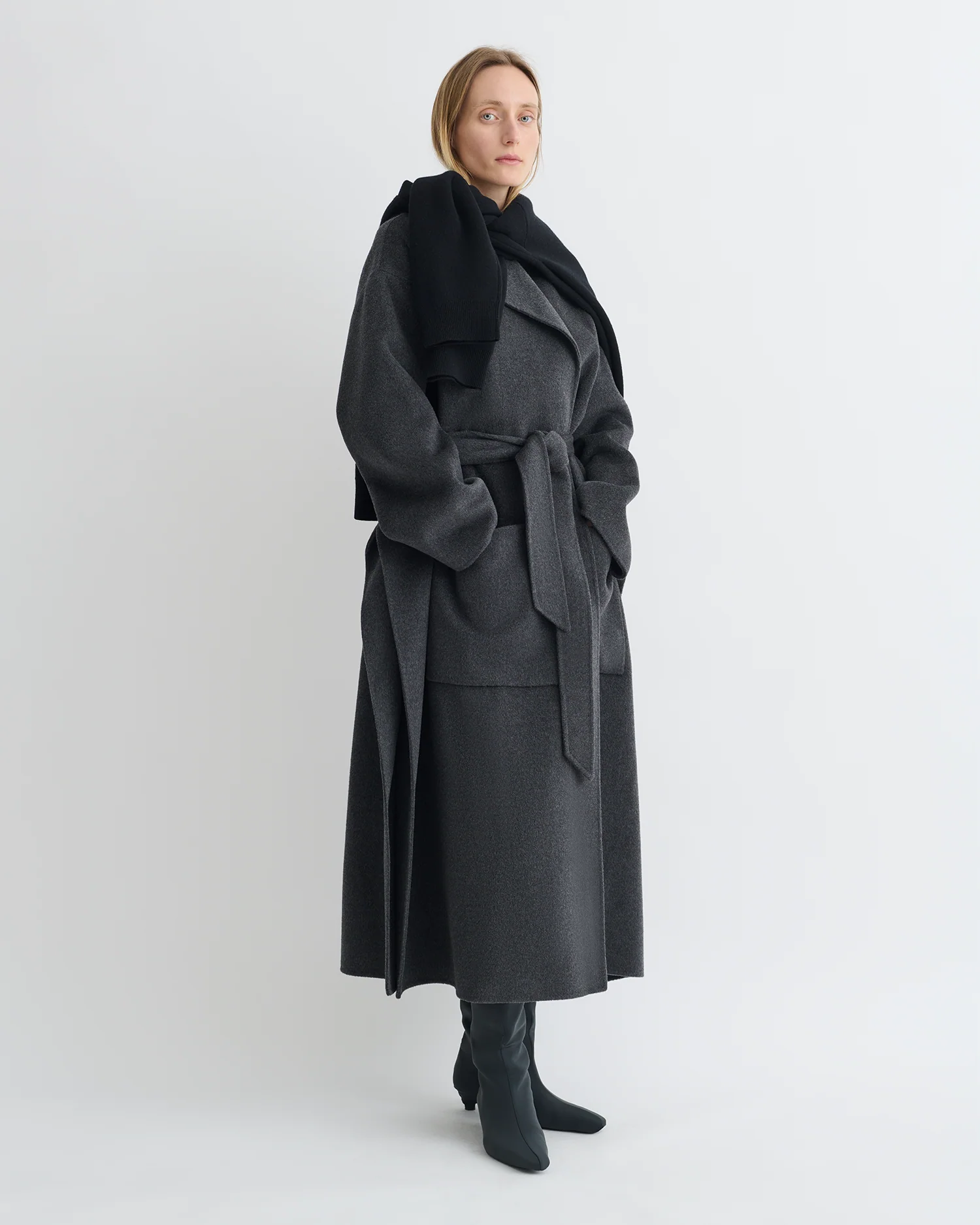 Salima - Double Wool Robe Coat - Grey Melange - Image 2