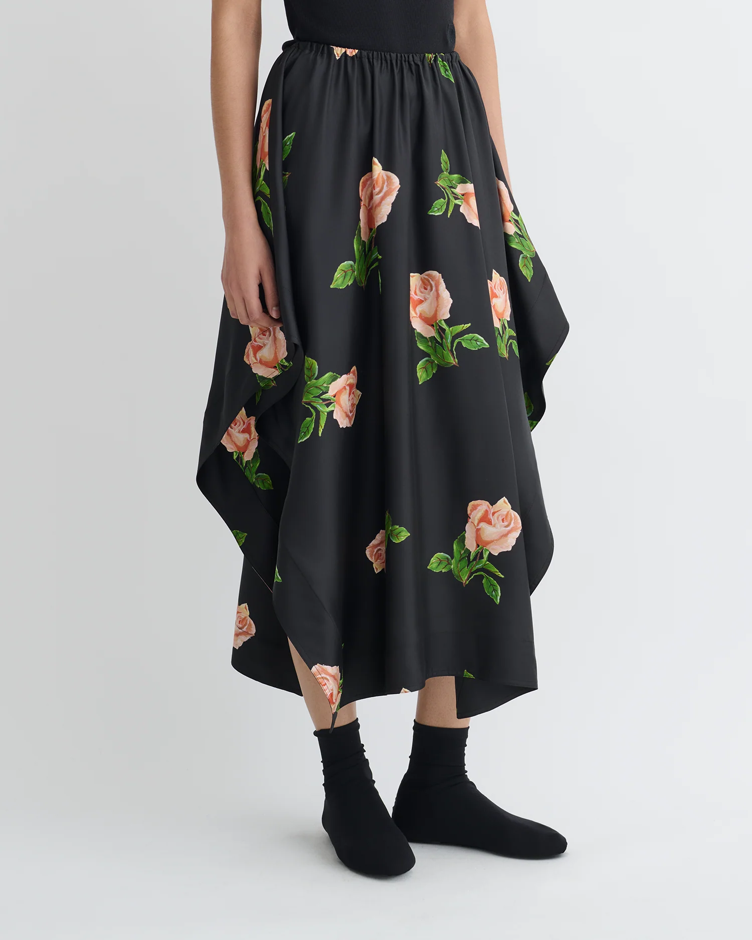 Ilariah - Printed Silk Twill Midi Skirt - Off Black/Roses - Image 3