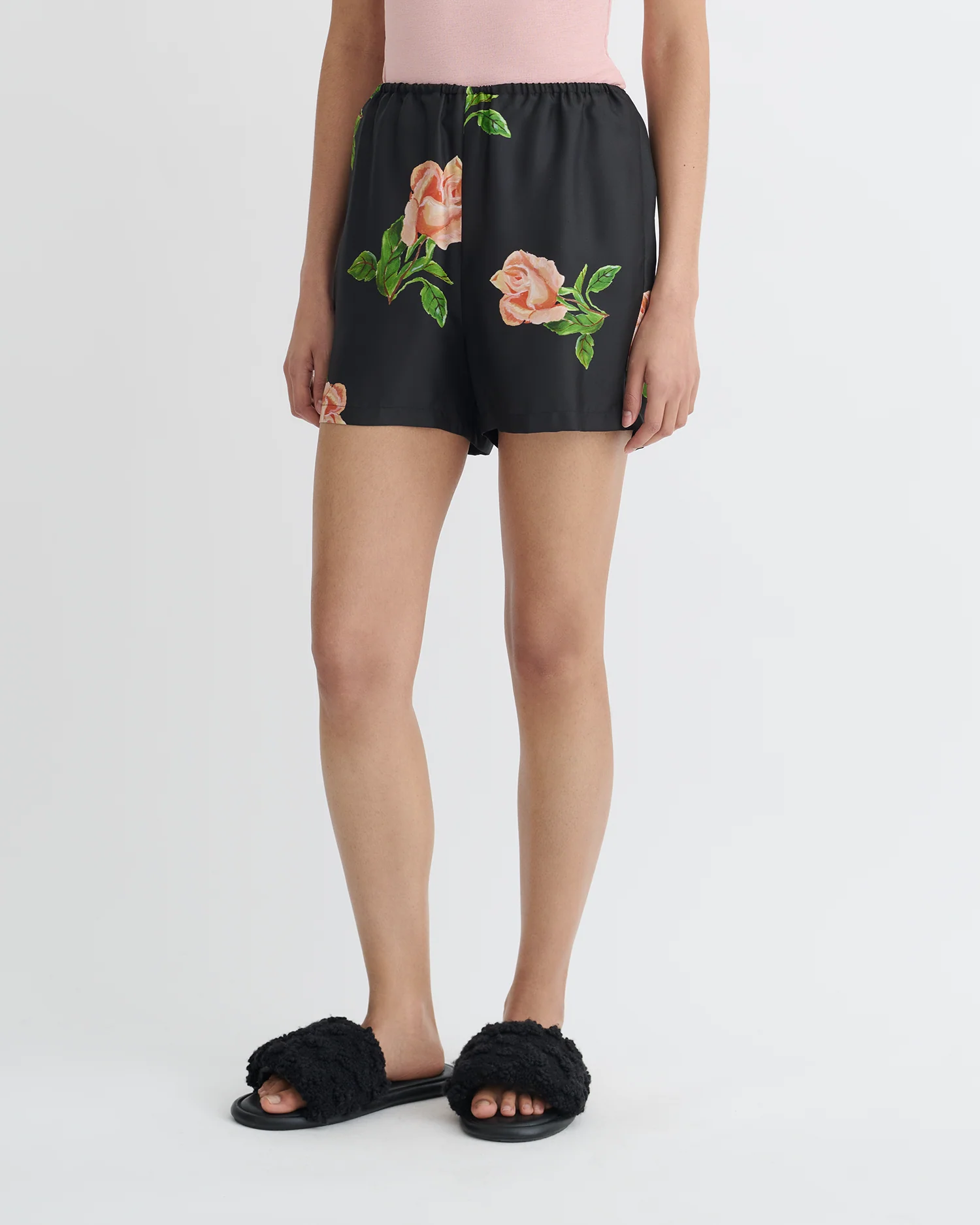 Dylla - Printed Tailored Silk Twill Shorts - Off Black/Roses - Image 3