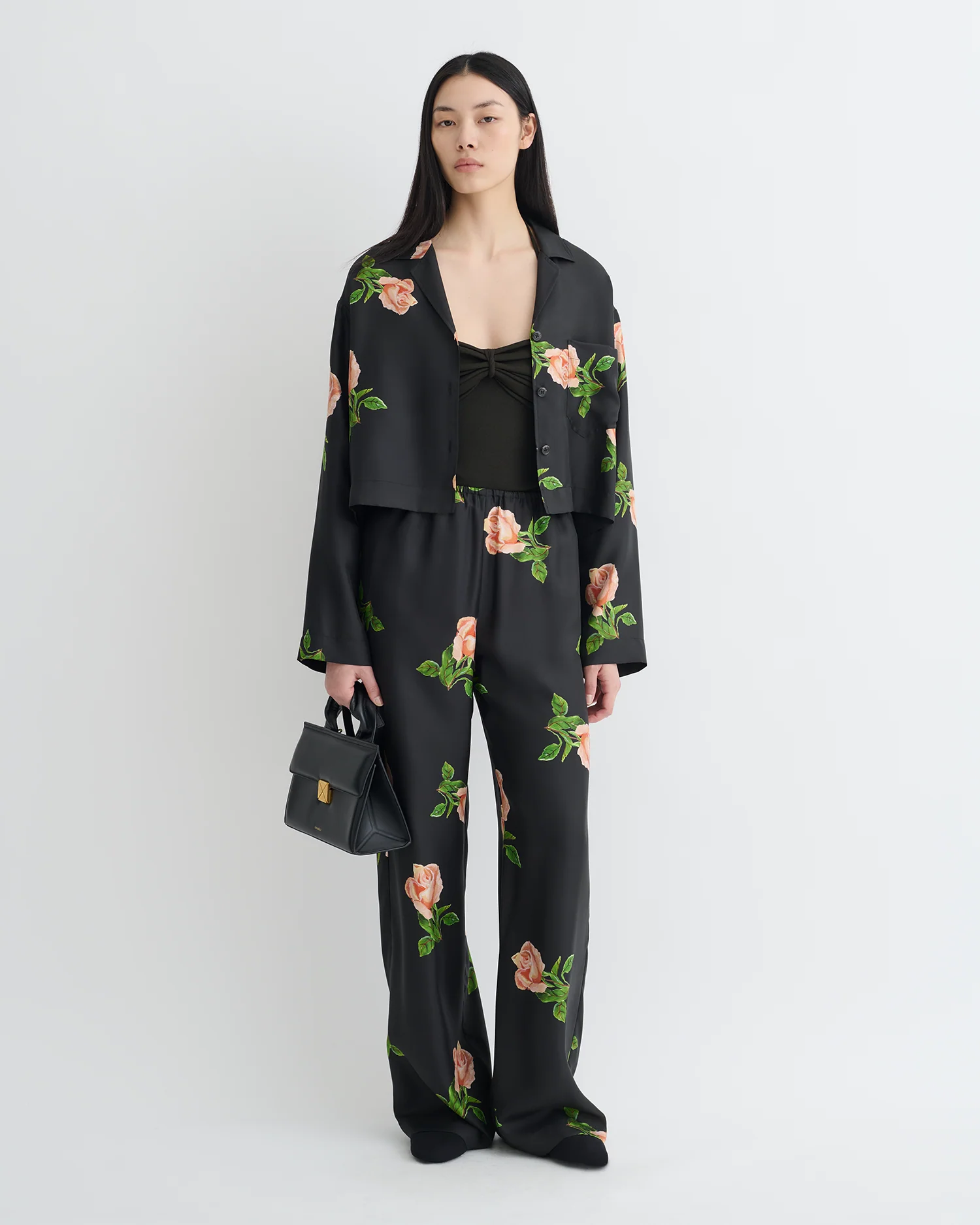 Vally - Cropped Silk Twill Shirt - Off Black/Roses - Image 2