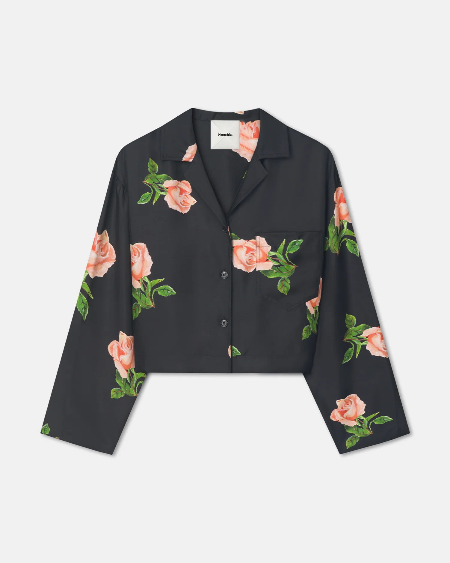 Vally - Cropped Silk Twill Shirt - Off Black/Roses - Image 4