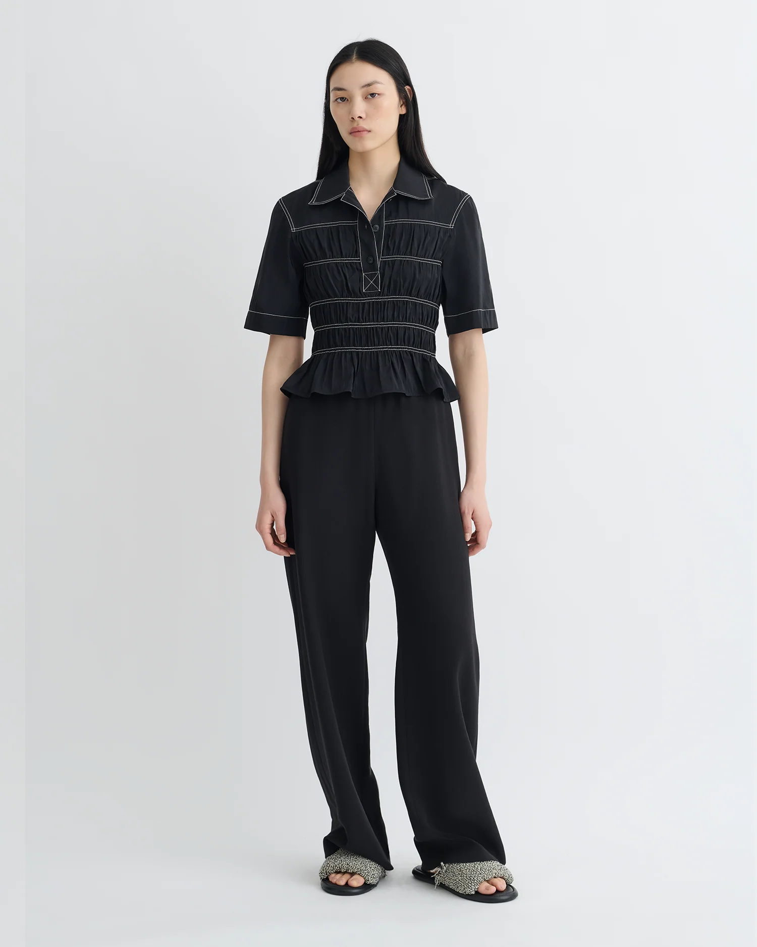 Nairi - Smocked Glass Poplin Shirt - Black - Image 2