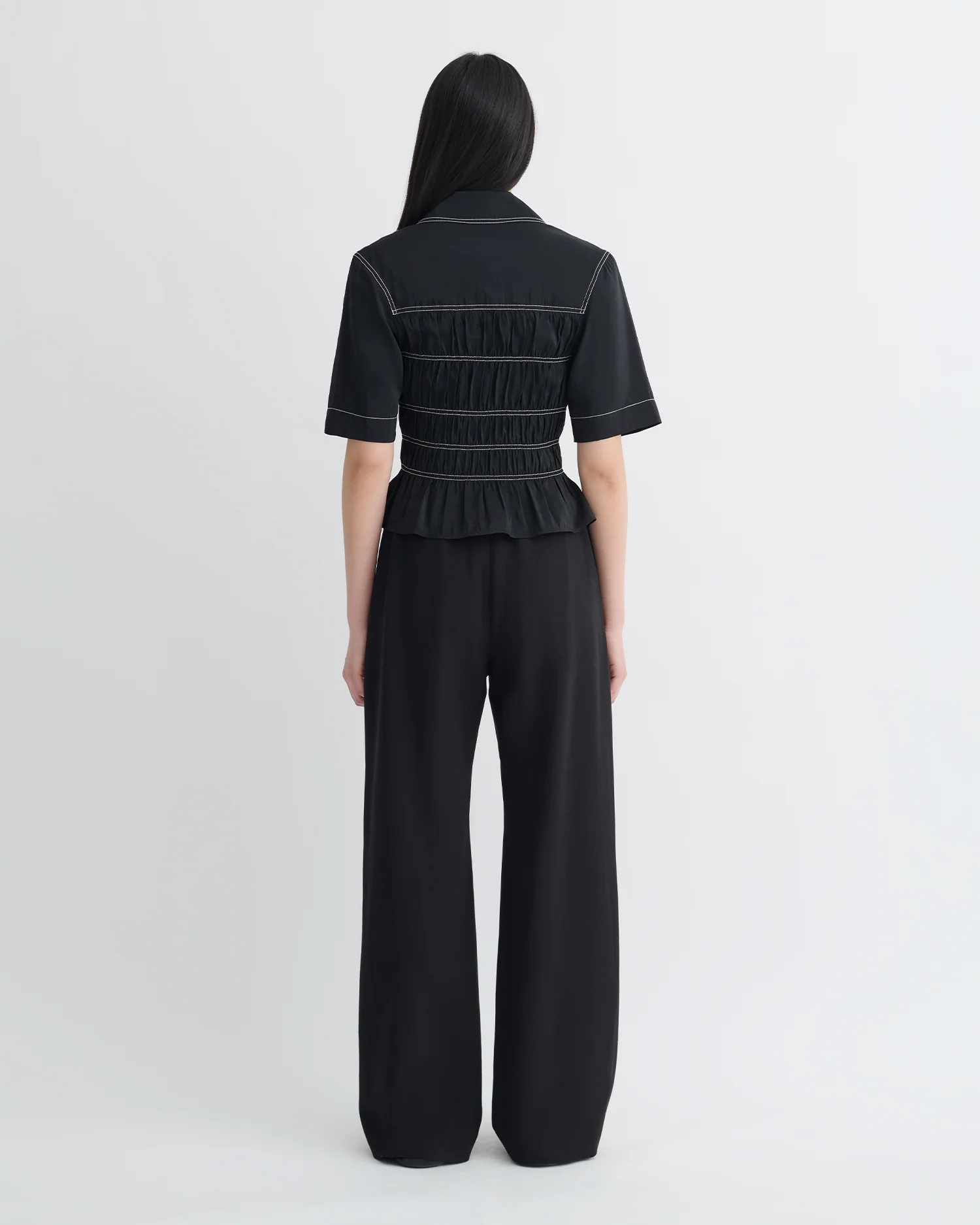 Nairi - Smocked Glass Poplin Shirt - Black - Image 3