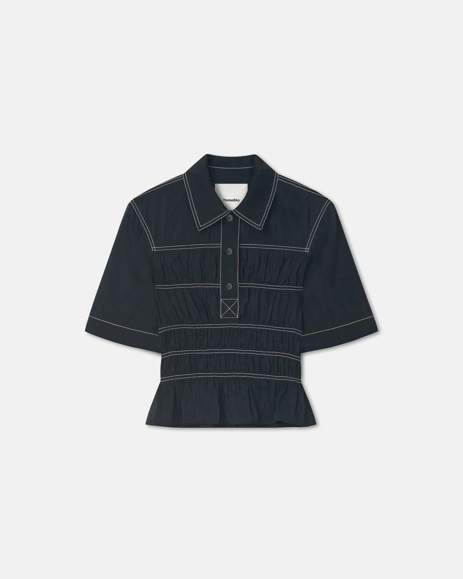 Nairi - Smocked Glass Poplin Shirt - Black - Image 4