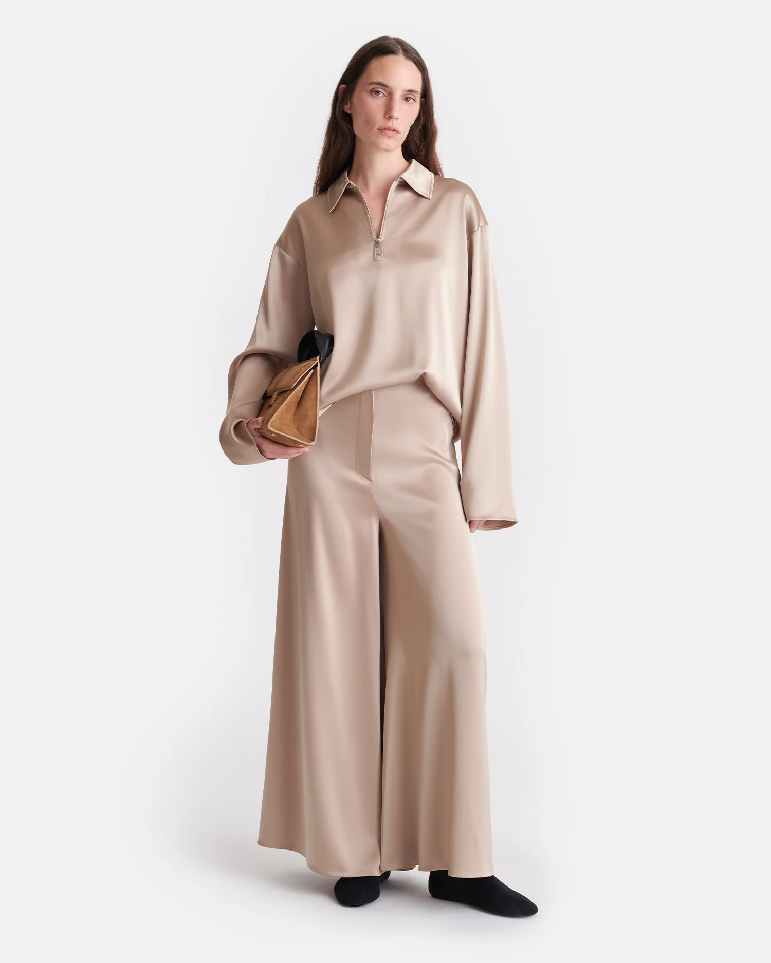 Mencia - Slip Satin Polo-Neck Top - Dune - Image 2