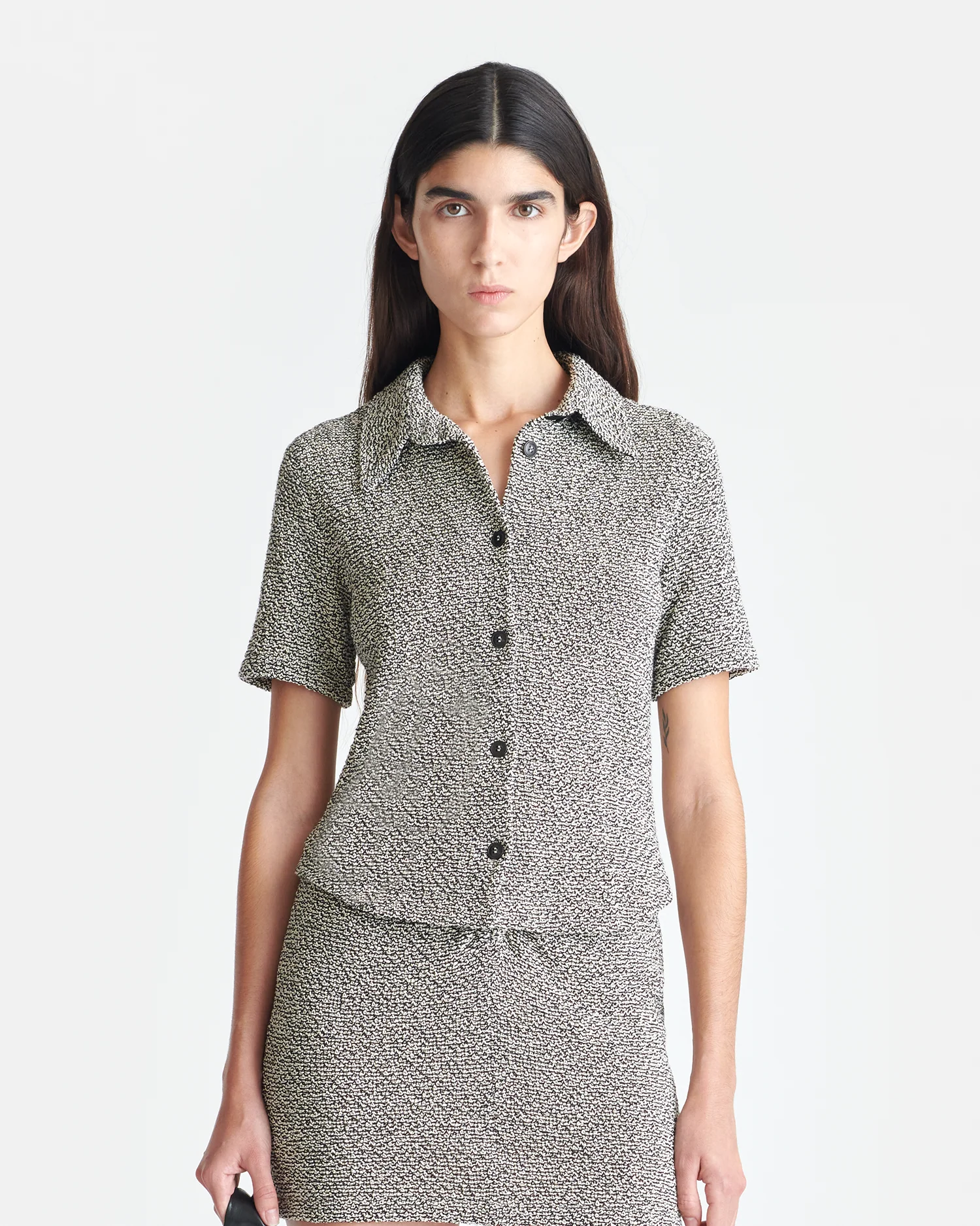 Clare - Loopback Cotton Shirt - Black/Creme Mouline