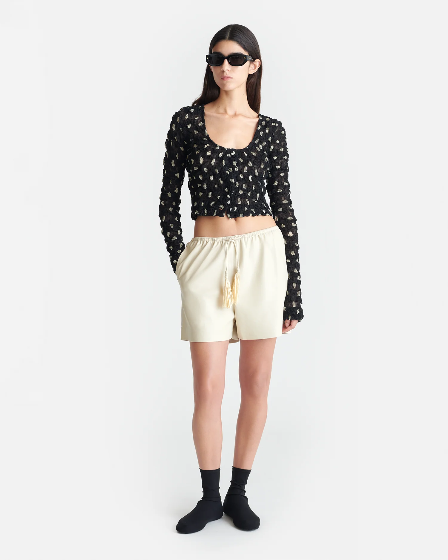 Jylan - Cropped Seersucker Tech Chiffon Top - Polka - Image 2