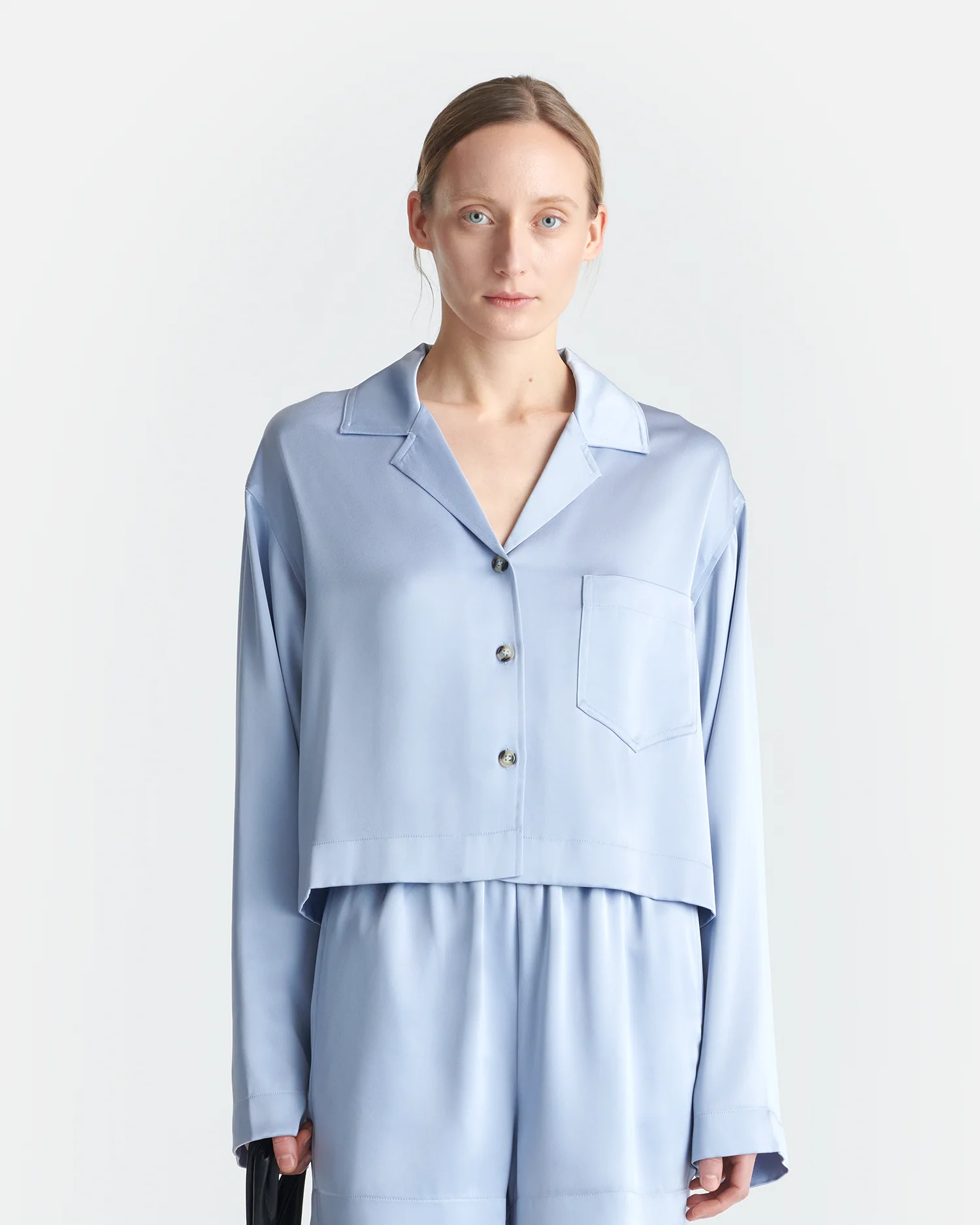 Vally - Cropped Slip Satin Shirt - Ice Blue