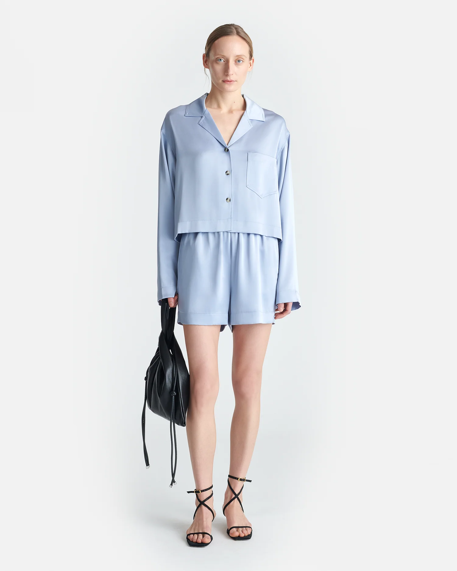 Vally - Cropped Slip Satin Shirt - Ice Blue - Image 2