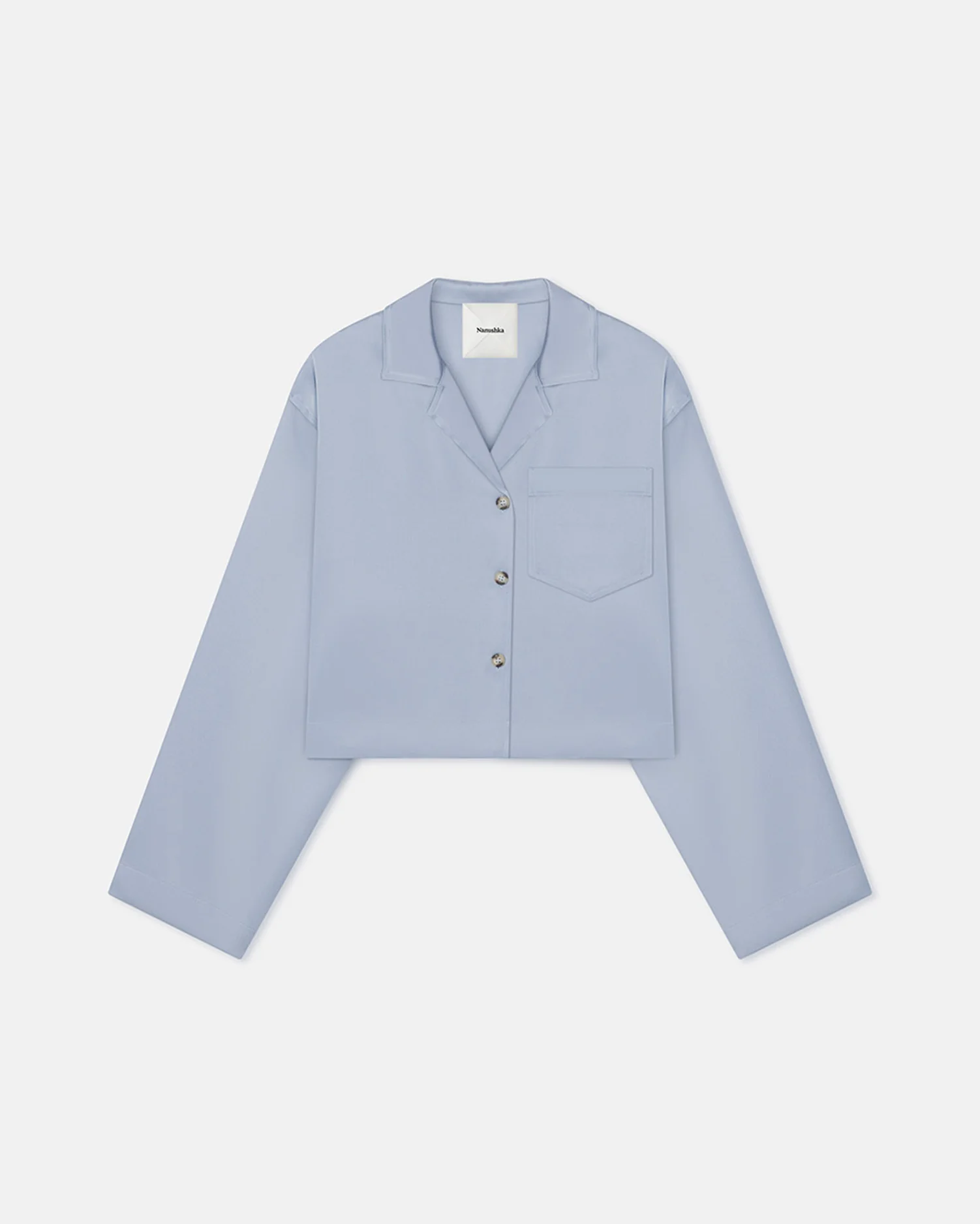 Vally - Cropped Slip Satin Shirt - Ice Blue - Image 4